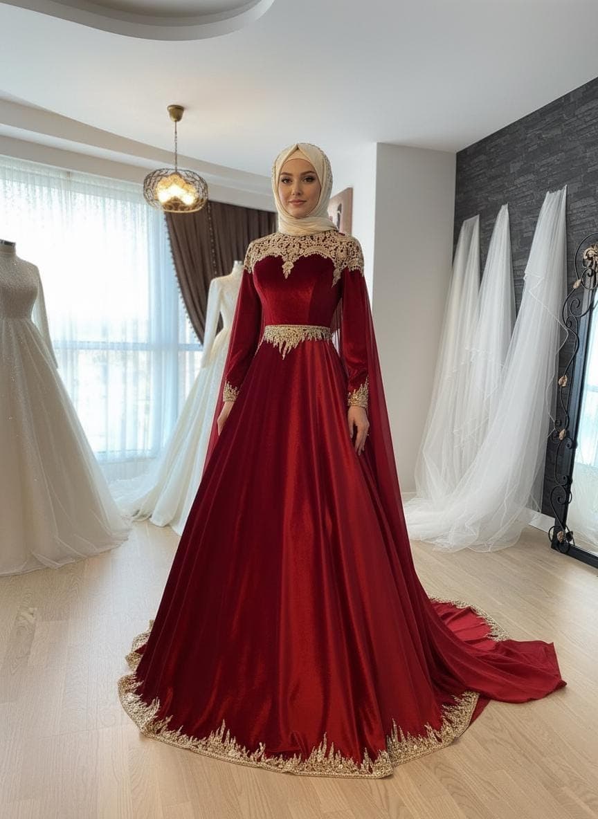 Crimson Velvet Ottoman Henna Dress – Gold Embroidered Modest Gown, Kina Night Outfit - image 4