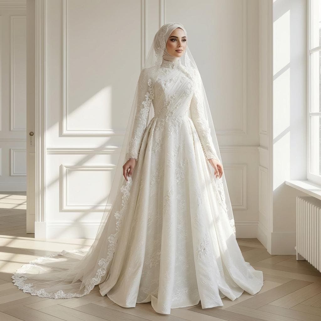 Lace Modest Wedding Dress – Long Sleeve A-Line Bridal Gown with Train | Elegant Muslim Bridal
