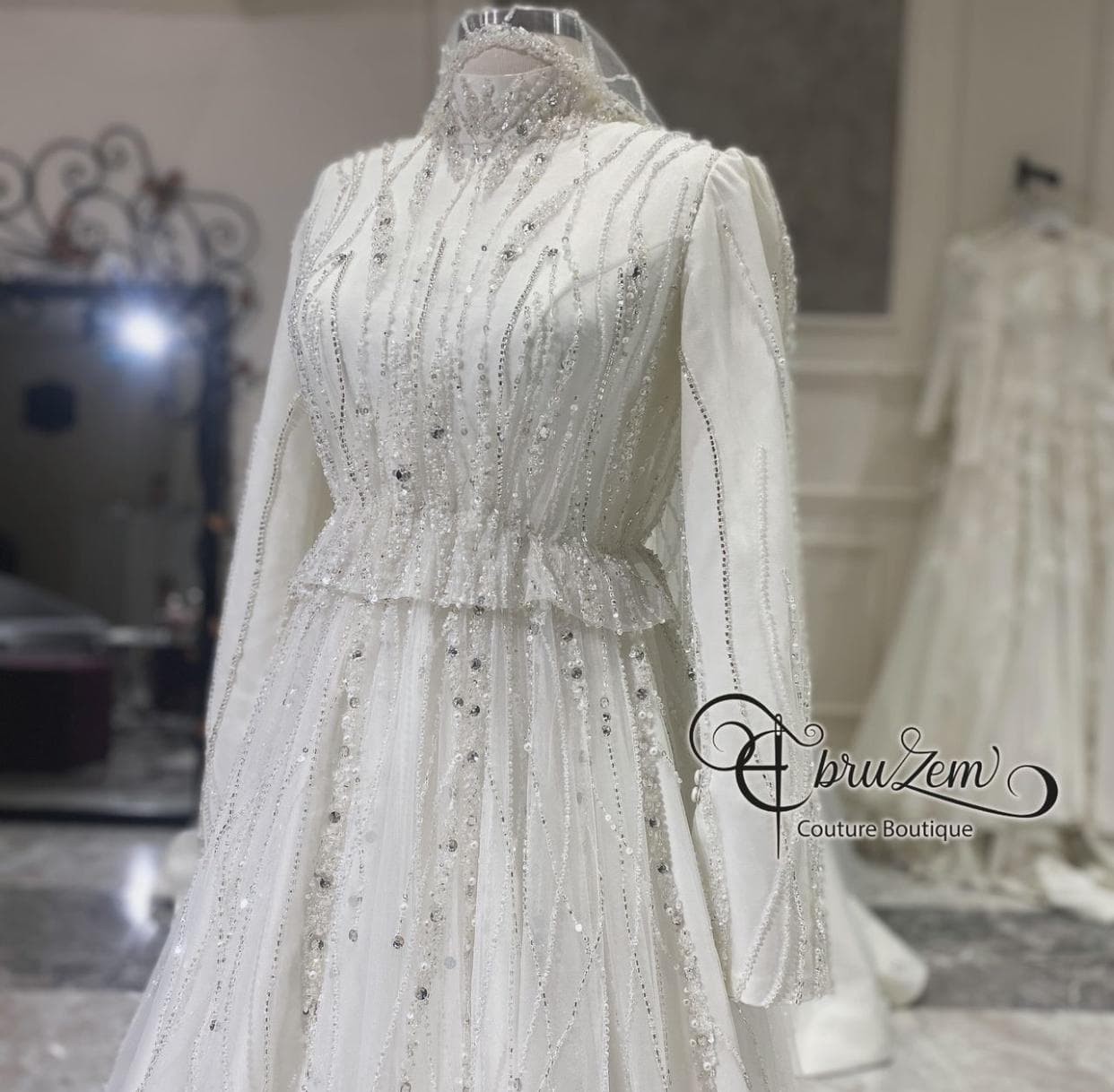 Silk Tulle Hijab Wedding Dress – Beaded A-Line Bridal Gown, Long Sleeve Modest Muslim - image 5