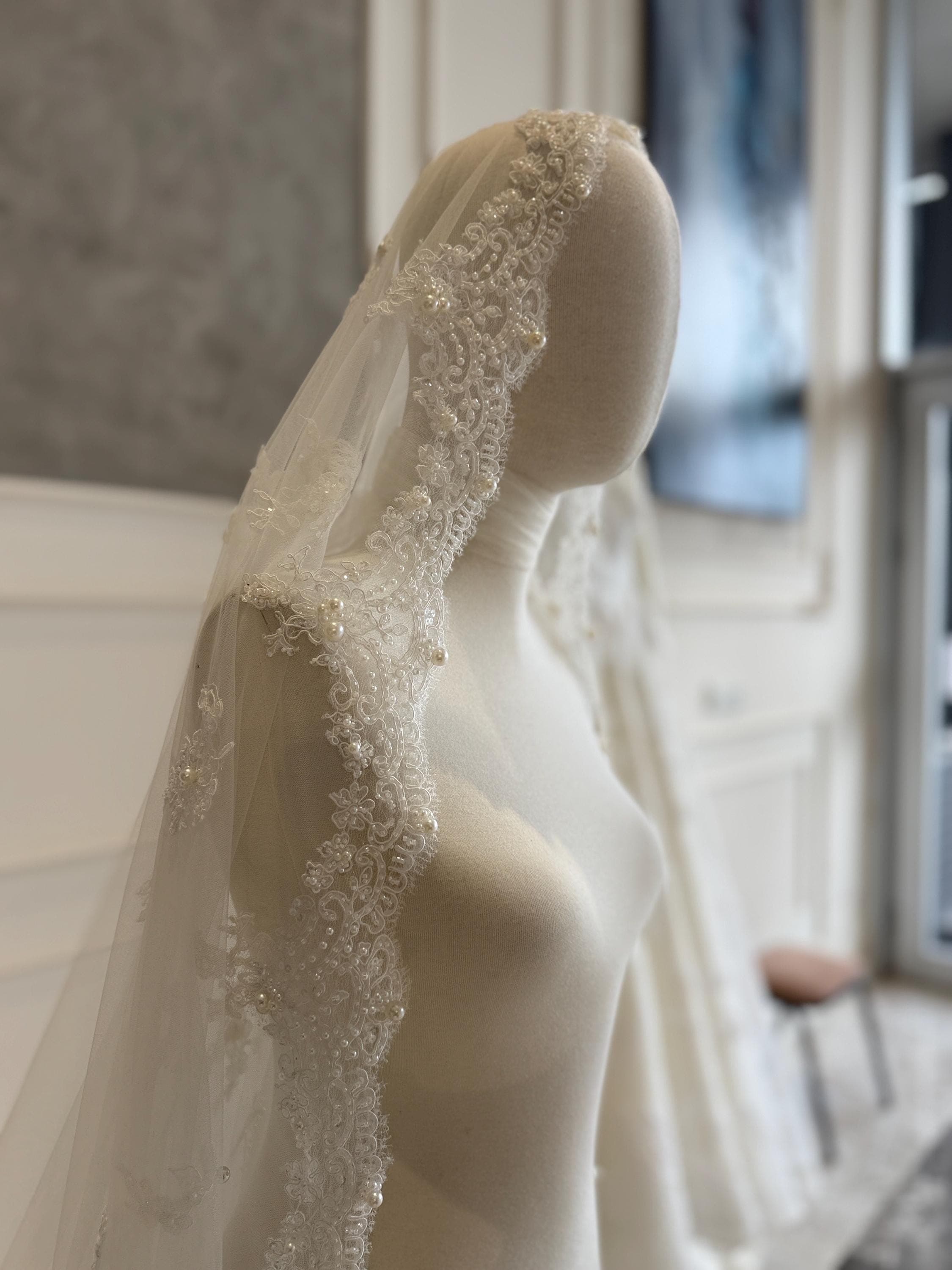 Cathedral Lace Wedding Veil 300cm – French Bridal Veil with Comb, Handmade Silk Tulle - image 3