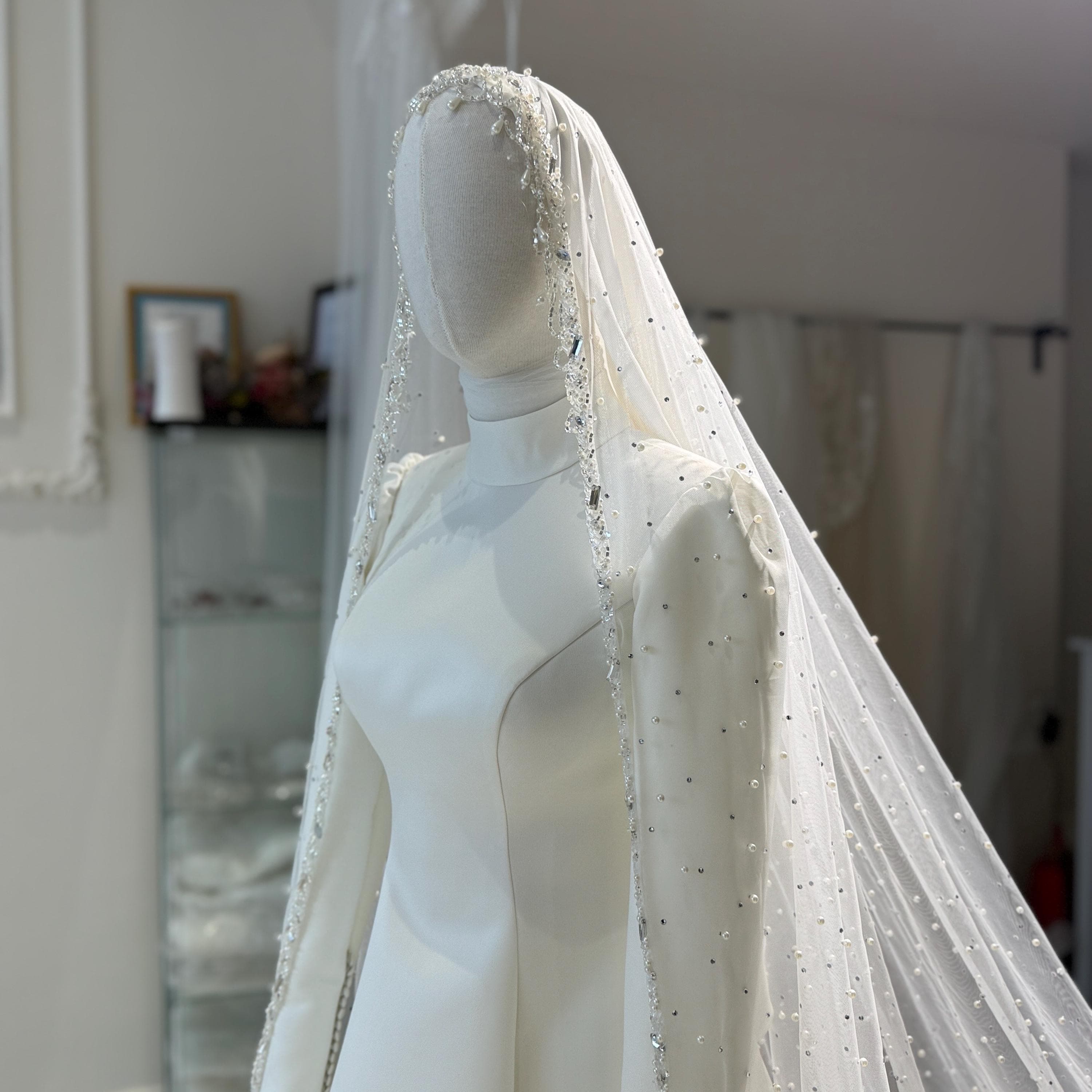 Pearl Crystal Bridal Veil – Silk Tulle Cathedral Wedding Veil, Modest Accessory - image 4