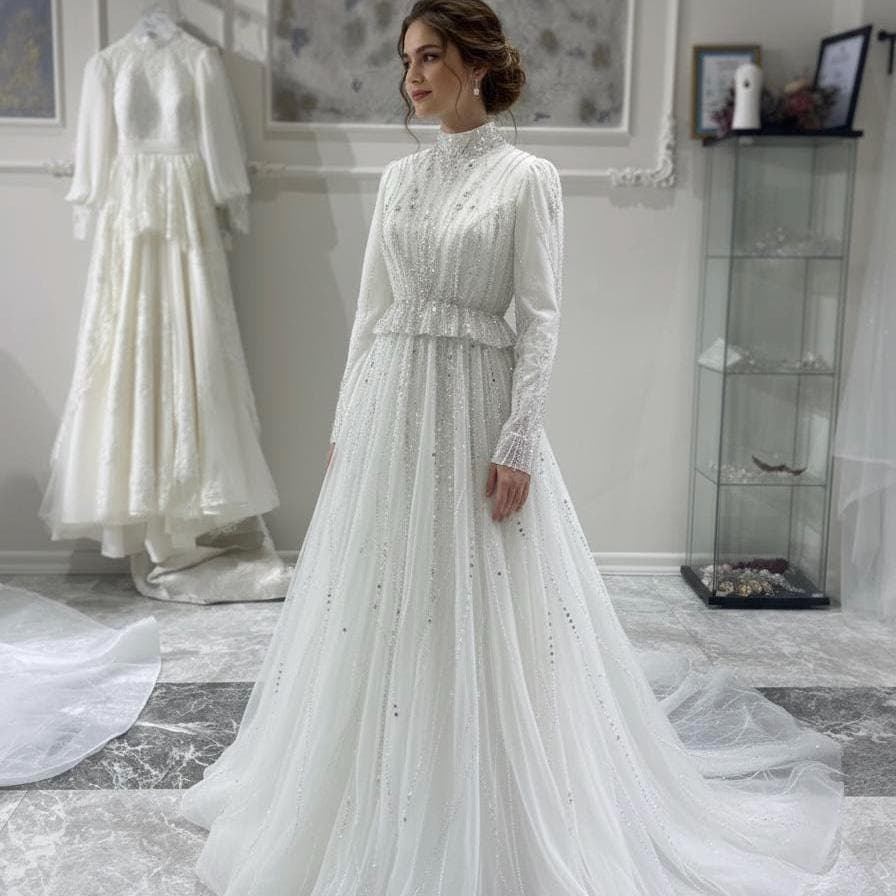 Silk Tulle Hijab Wedding Dress – Beaded A-Line Bridal Gown, Long Sleeve Modest Muslim