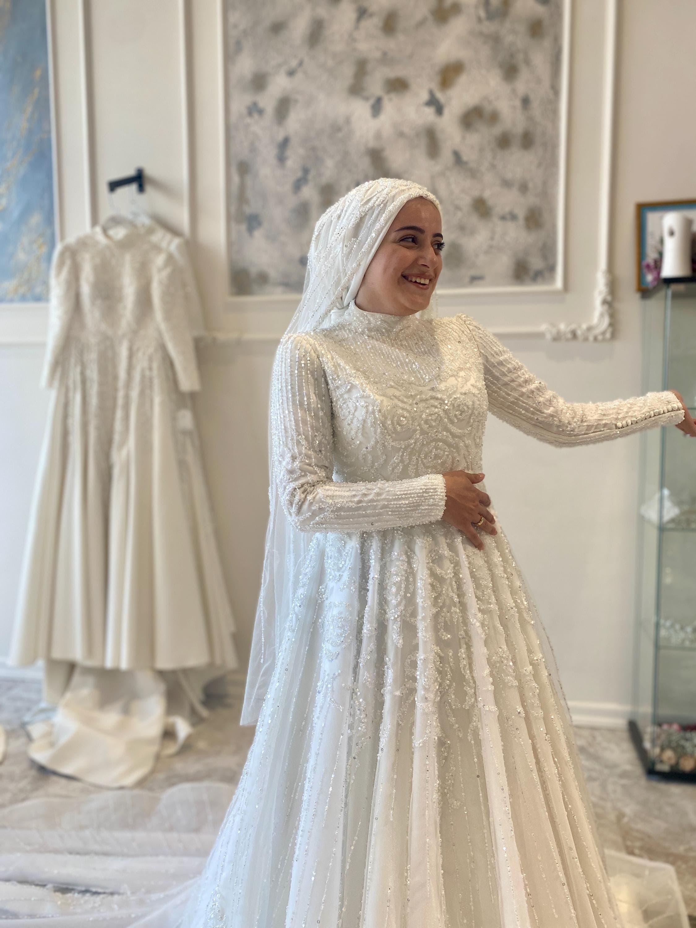 modest wedding dress  Long Sleeve A-Line Bridal Gown with Train, Modest Hijab Style - image 5
