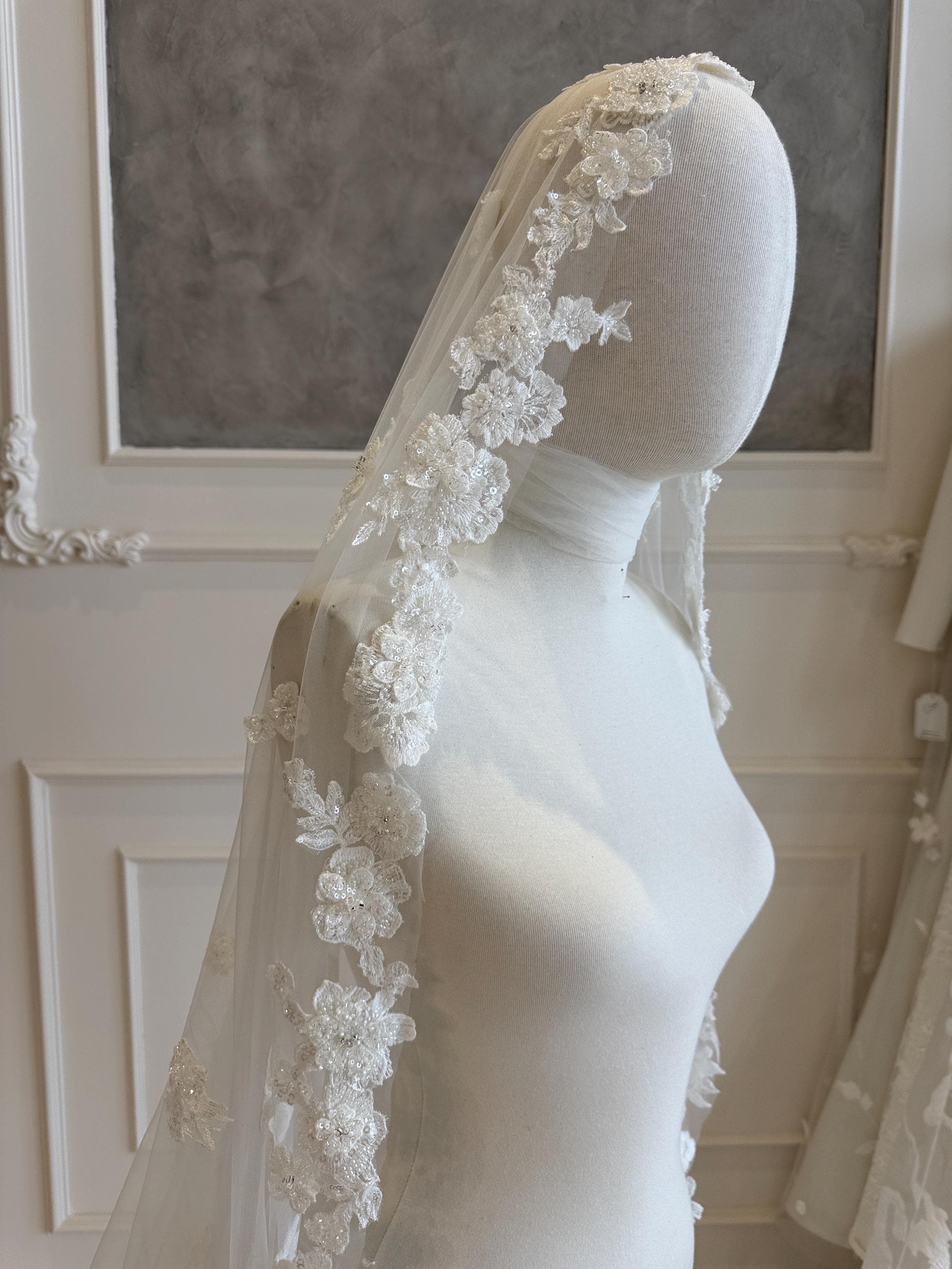 Cathedral Lace Bridal Veil, French Lace Trim, Single Layer Tulle, Handmade Elegance - image 4