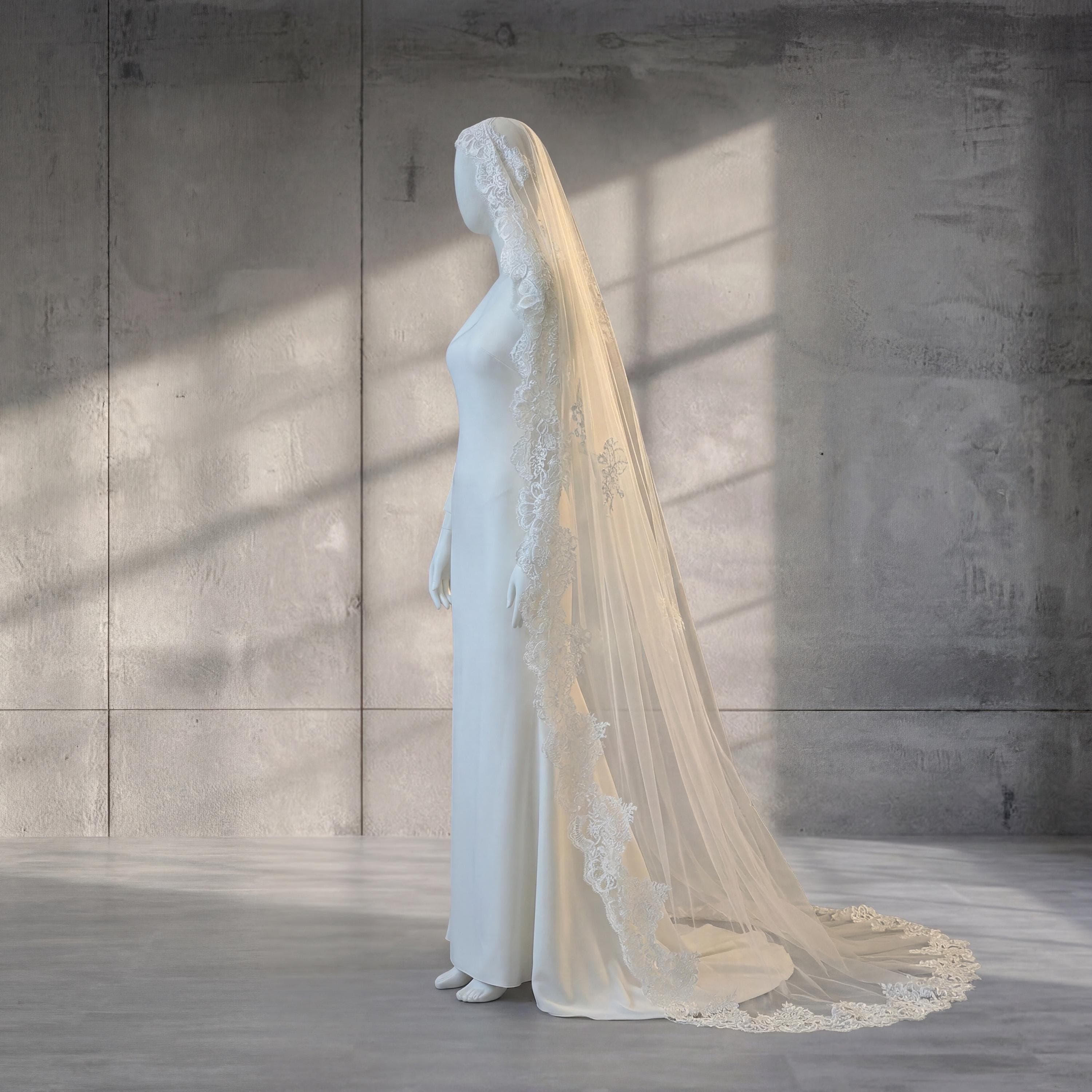 French Lace Cathedral Veil – Handcut Openwork Bridal Wedding Veil