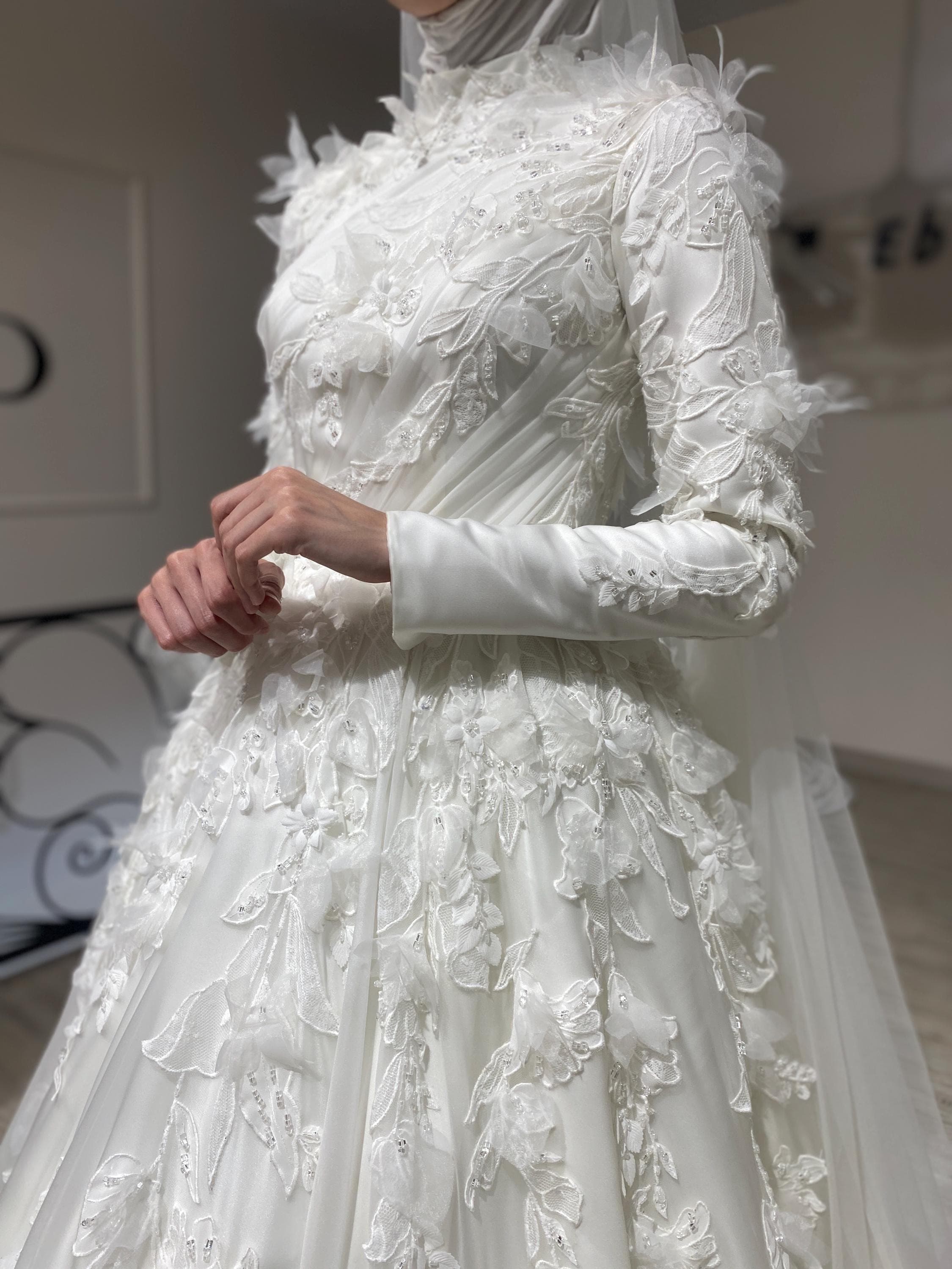 Luxury Silk Bridal Gown for Hijab Brides – Elegant Lace Long Sleeve Wedding Dress - image 4