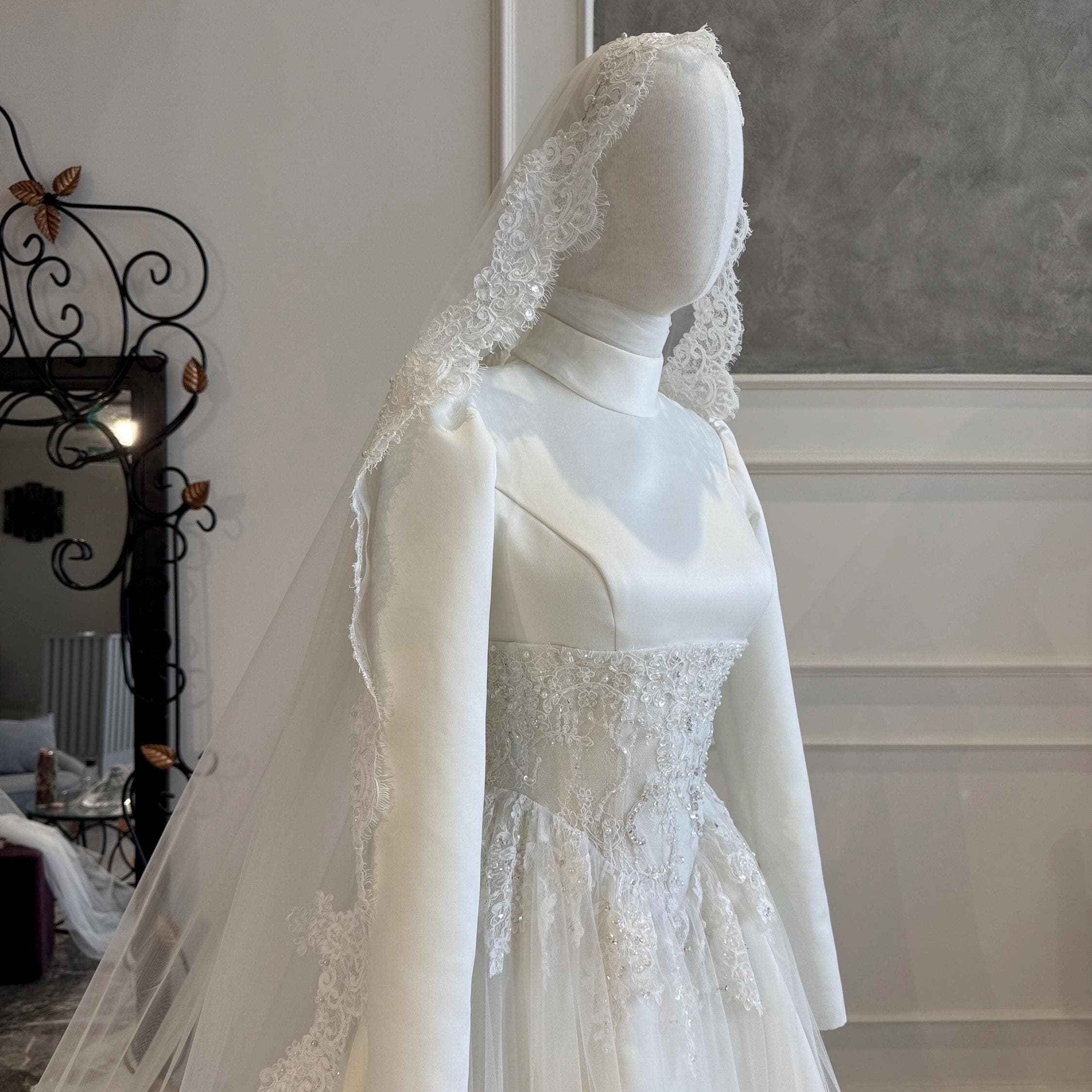 Satin Hijab Wedding Dress – Minimalist A-Line Modest Bridal Gown, Detachable Corset