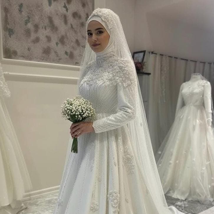 Pearl & Lace Hijab Bridal Gown – Handmade Modest Muslim Wedding Dress with Train - image 3