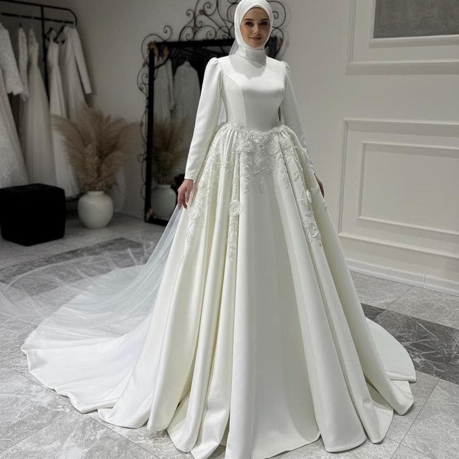 Satin Muslim Wedding Dress, Long Sleeve A-Line Bridal Gown - image 3