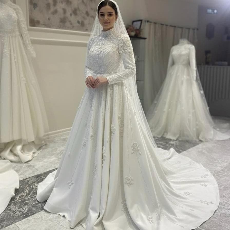 Pearl & Lace Hijab Bridal Gown – Handmade Modest Muslim Wedding Dress with Train