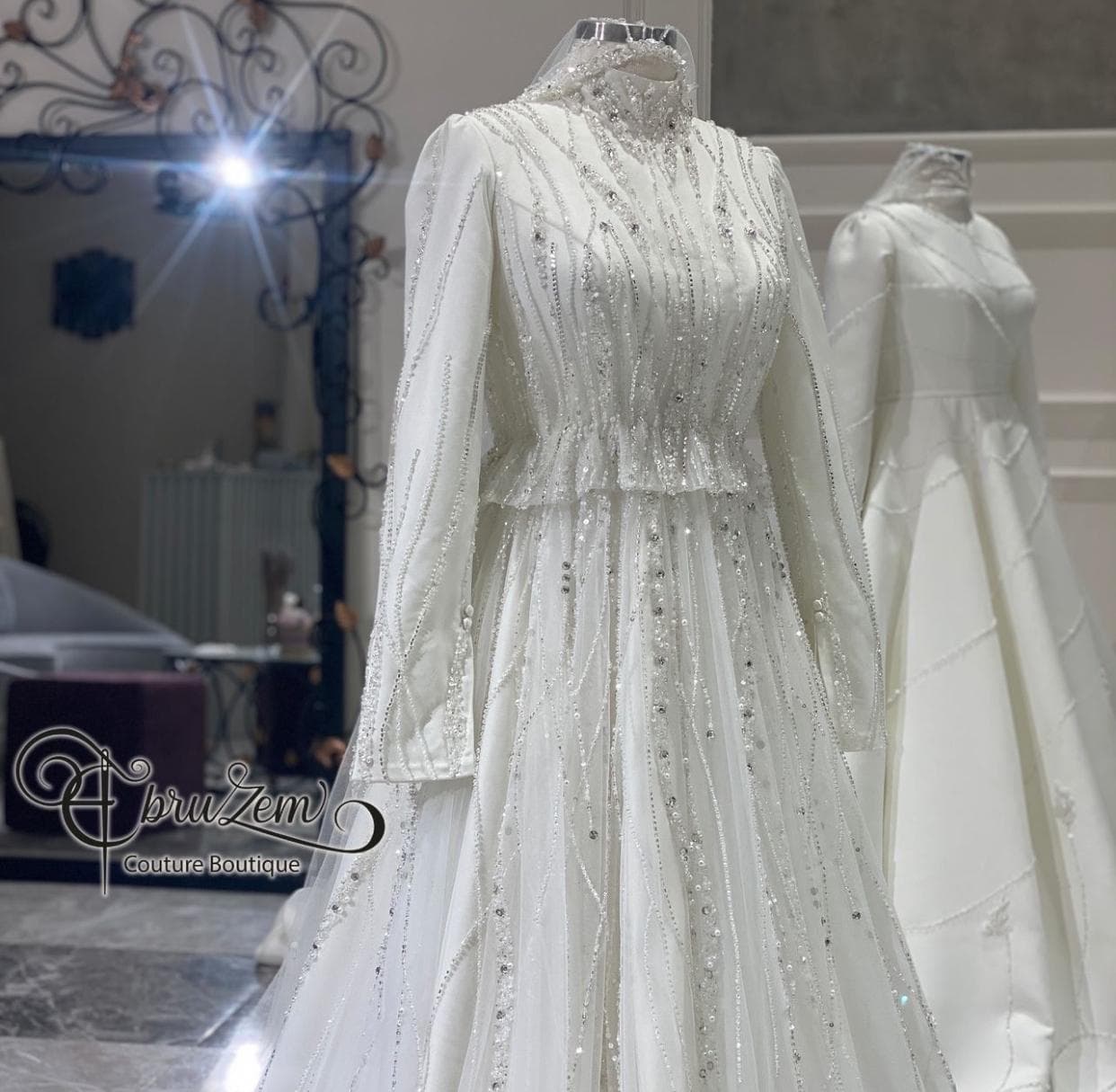 Silk Tulle Hijab Wedding Dress – Beaded A-Line Bridal Gown, Long Sleeve Modest Muslim - image 4