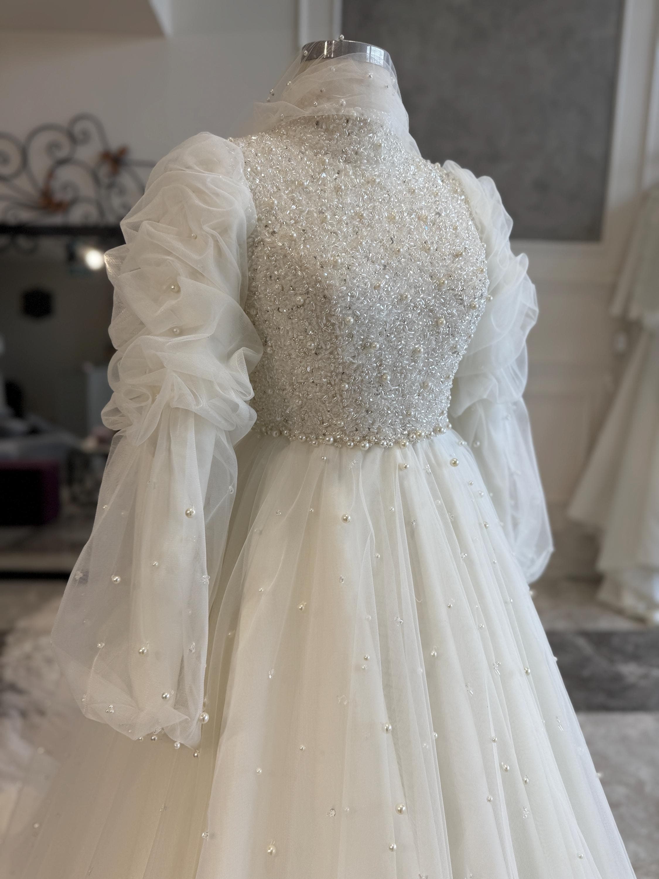 Pearl Beaded Hijab Wedding Dress: Custom Bridal - image 4
