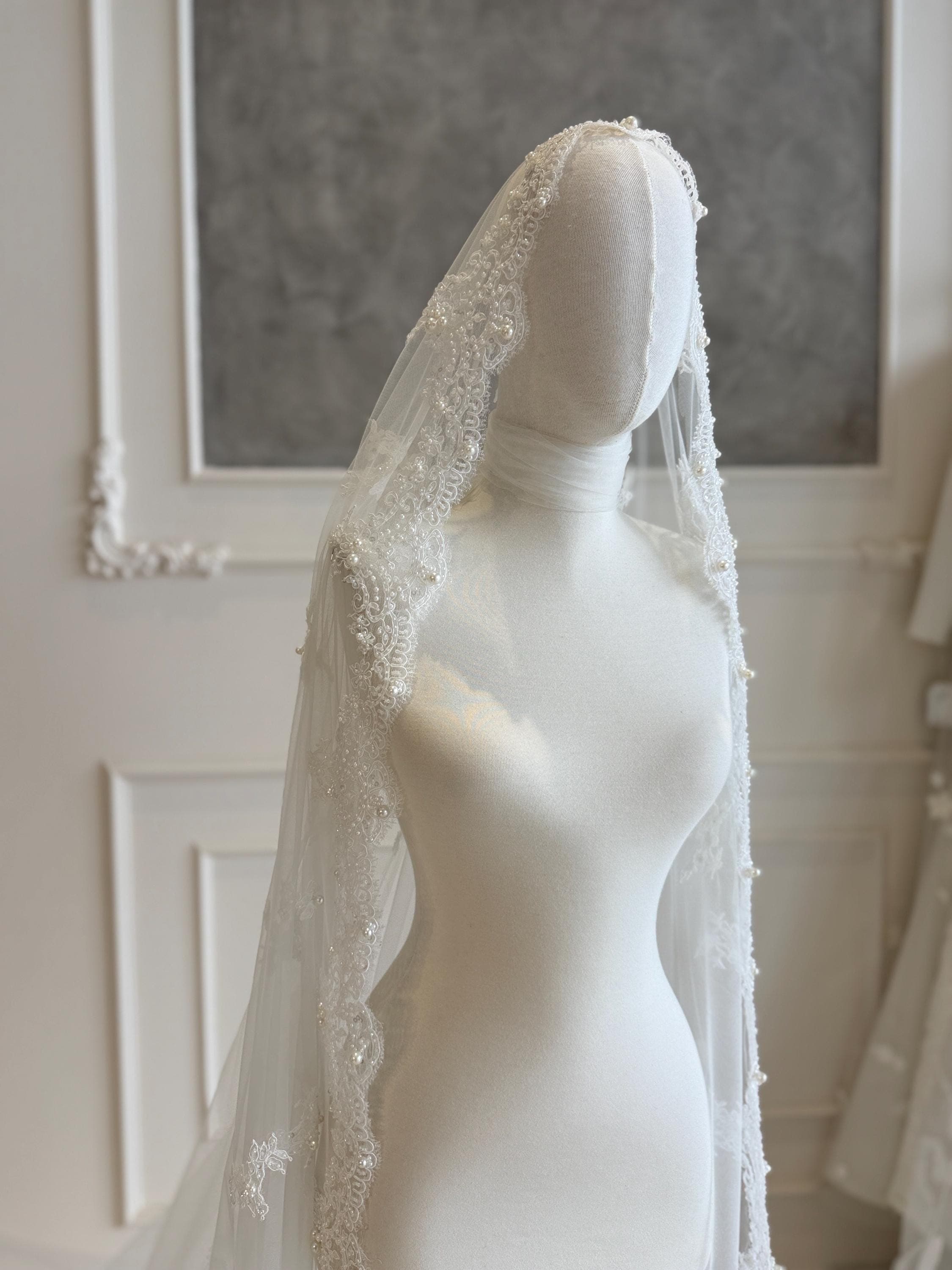 Cathedral Lace Wedding Veil 300cm – French Bridal Veil with Comb, Handmade Silk Tulle - image 4
