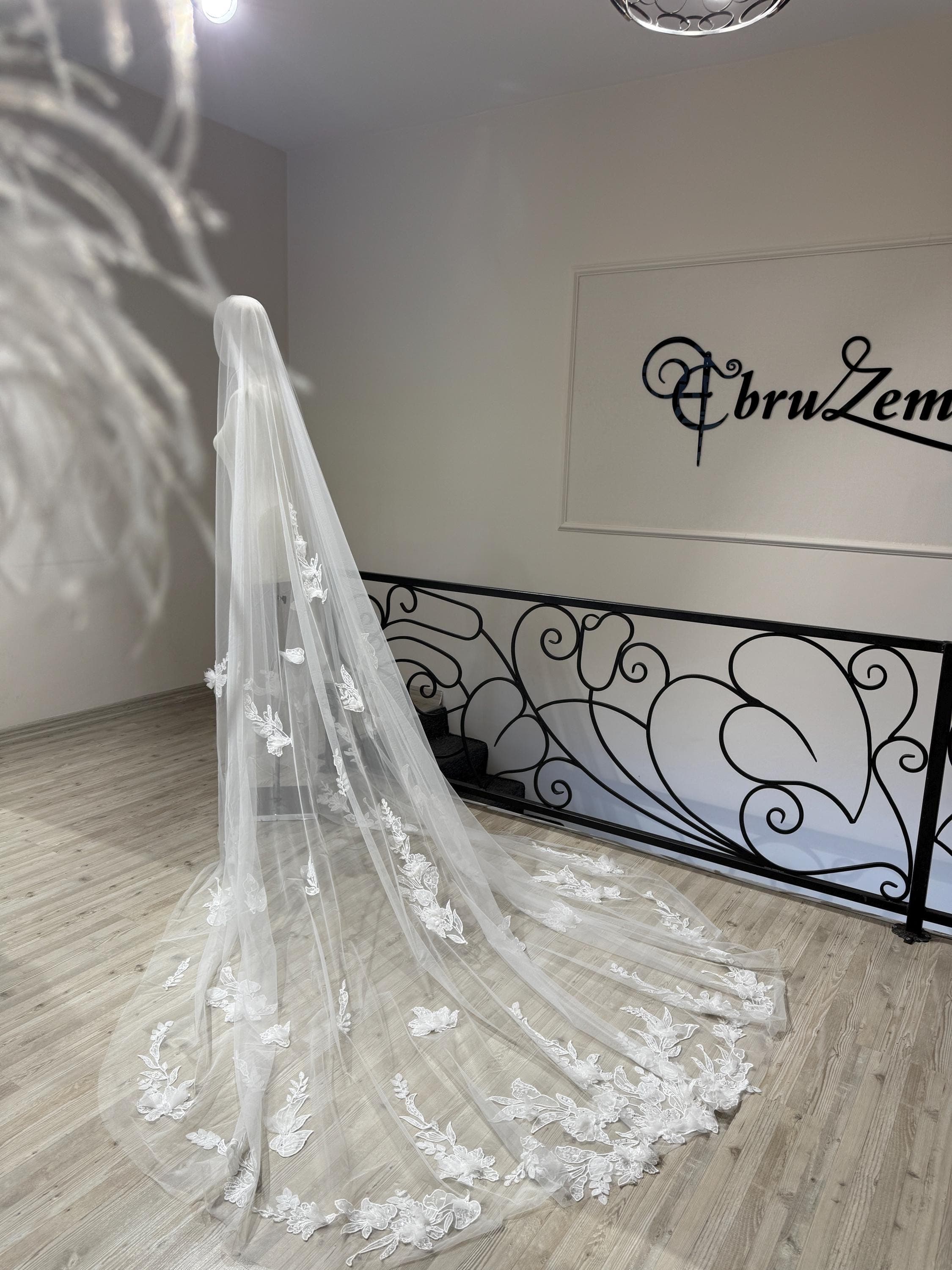 Pearl Floral Hijab Veil – One-Tier Soft Tulle with Lace Appliqué | Handmade Modest Bridal Veil - image 5