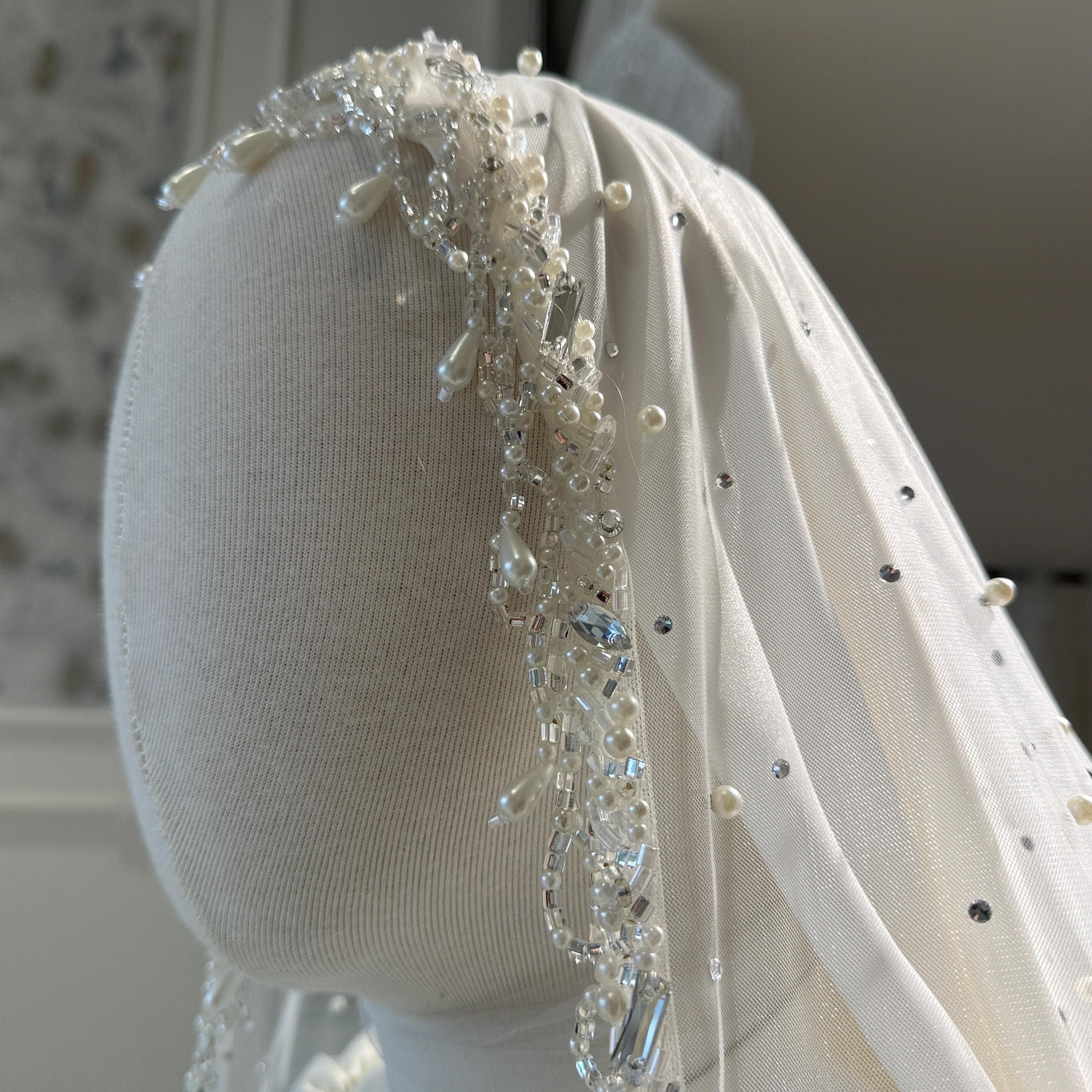 Pearl Crystal Bridal Veil – Silk Tulle Cathedral Wedding Veil, Modest Accessory - image 3