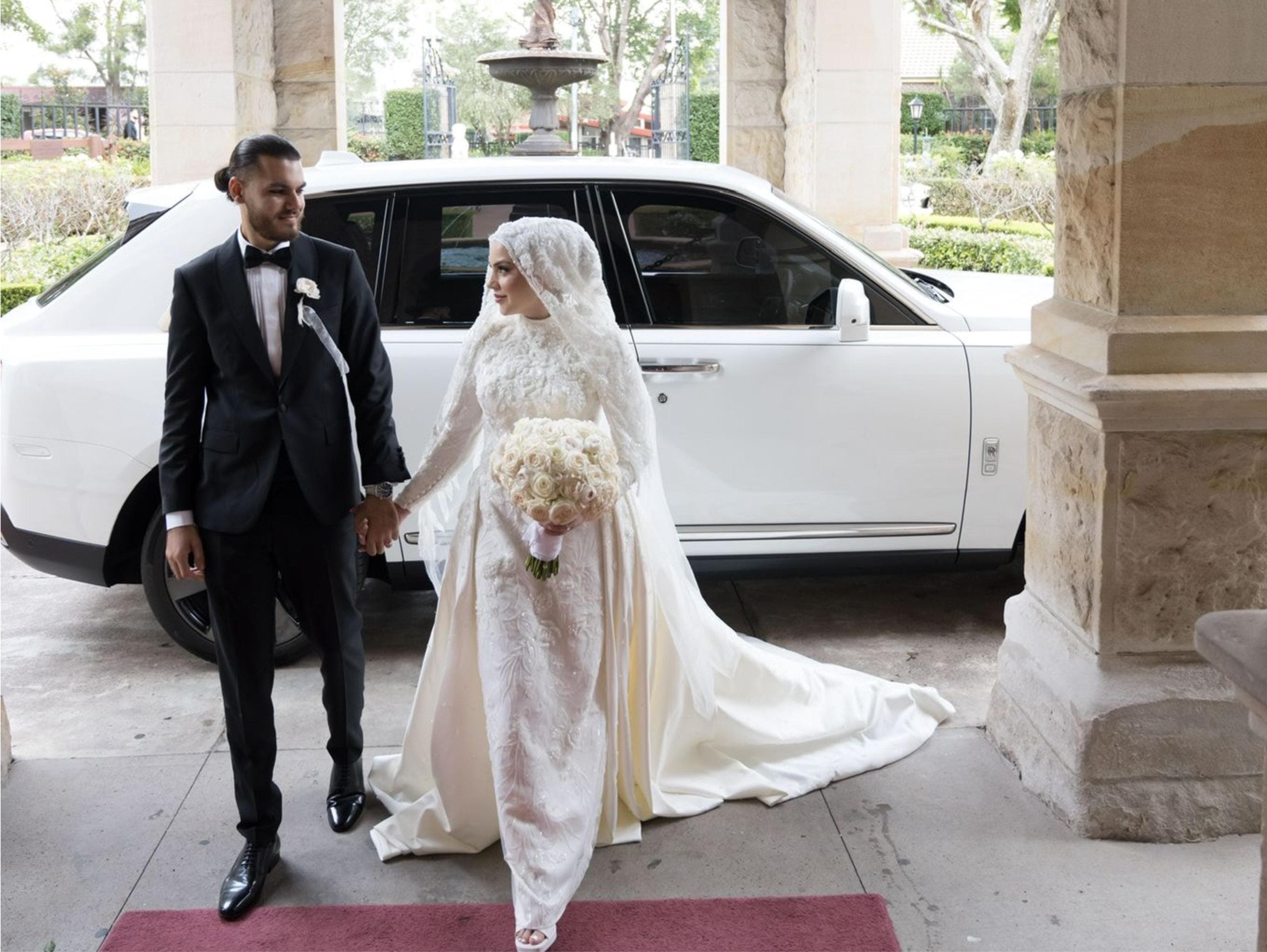 Luxury Beaded Lace Hijab Wedding Dress with Train – Custom Modest Muslim Bridal Gown