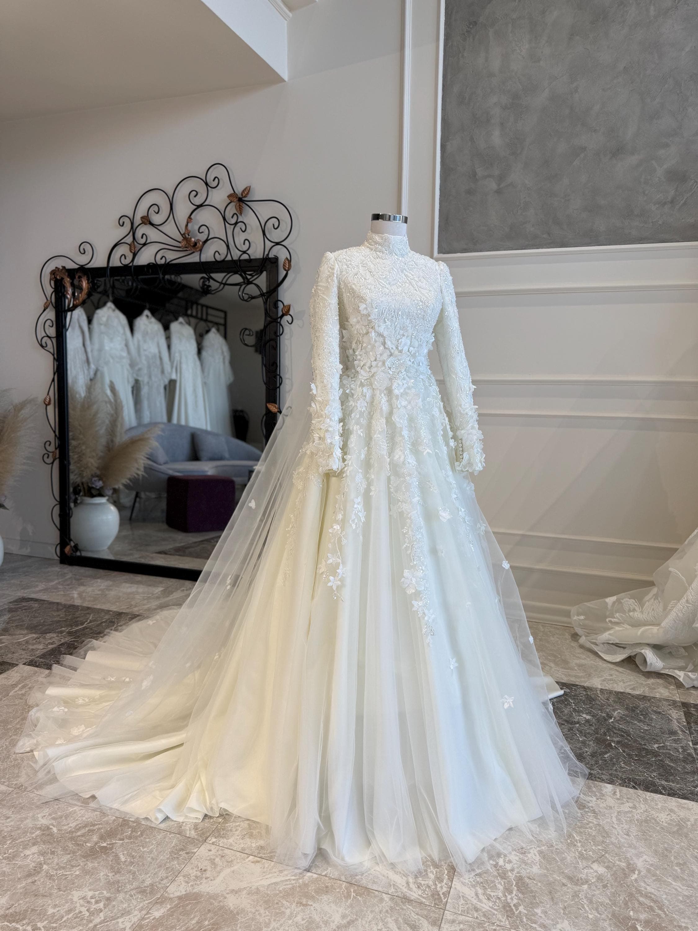 Wedding Dress with Long Train Modest Bridal Gown  Elegant Muslim 3D lace muslim bride - image 3