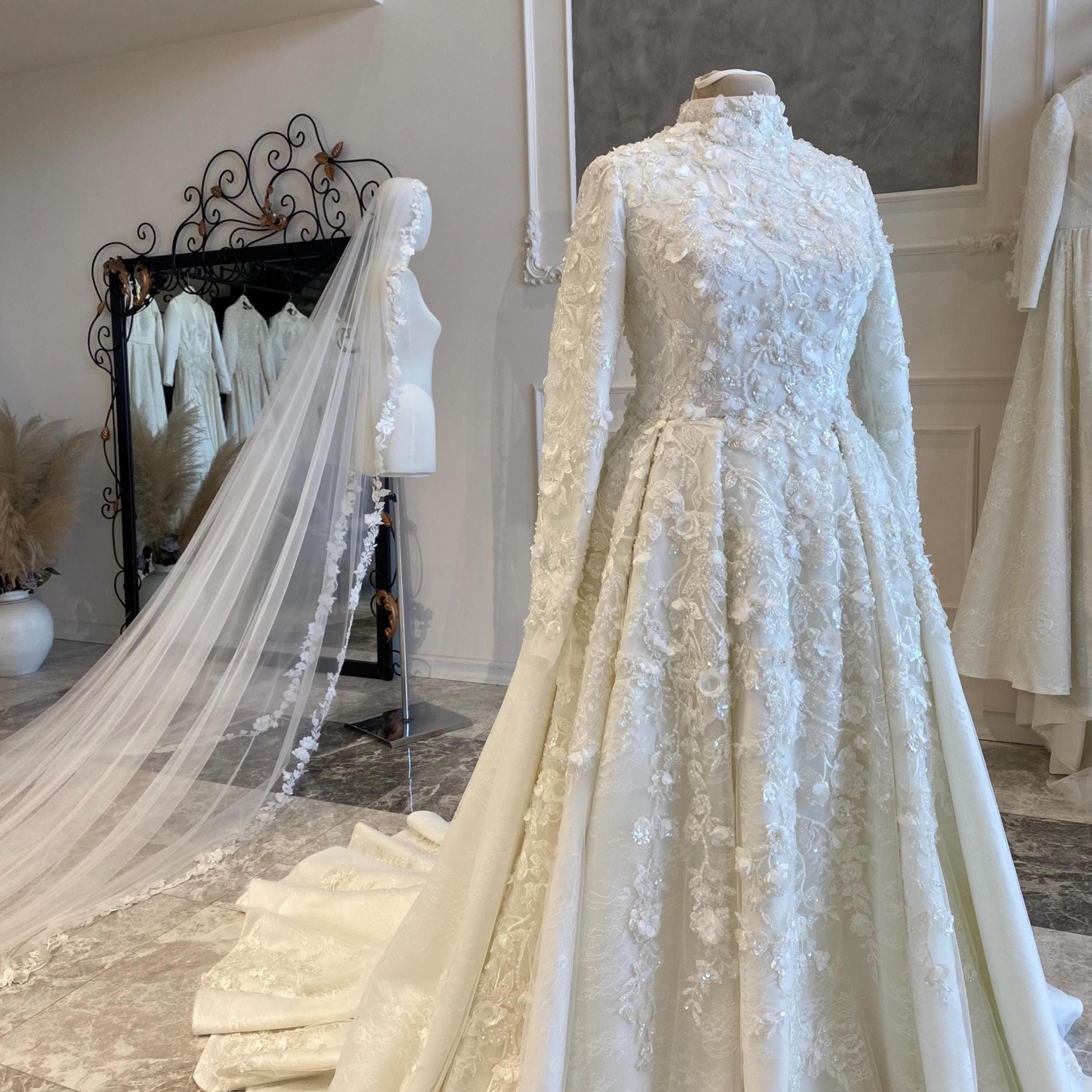 Hijab Wedding Dress with Floral Sleeves – 3D Lace  Modest Muslim Bridal Gown