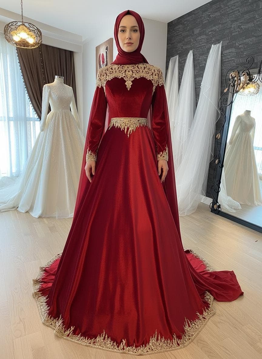 Crimson Velvet Ottoman Henna Dress – Gold Embroidered Modest Gown, Kina Night Outfit - image 3