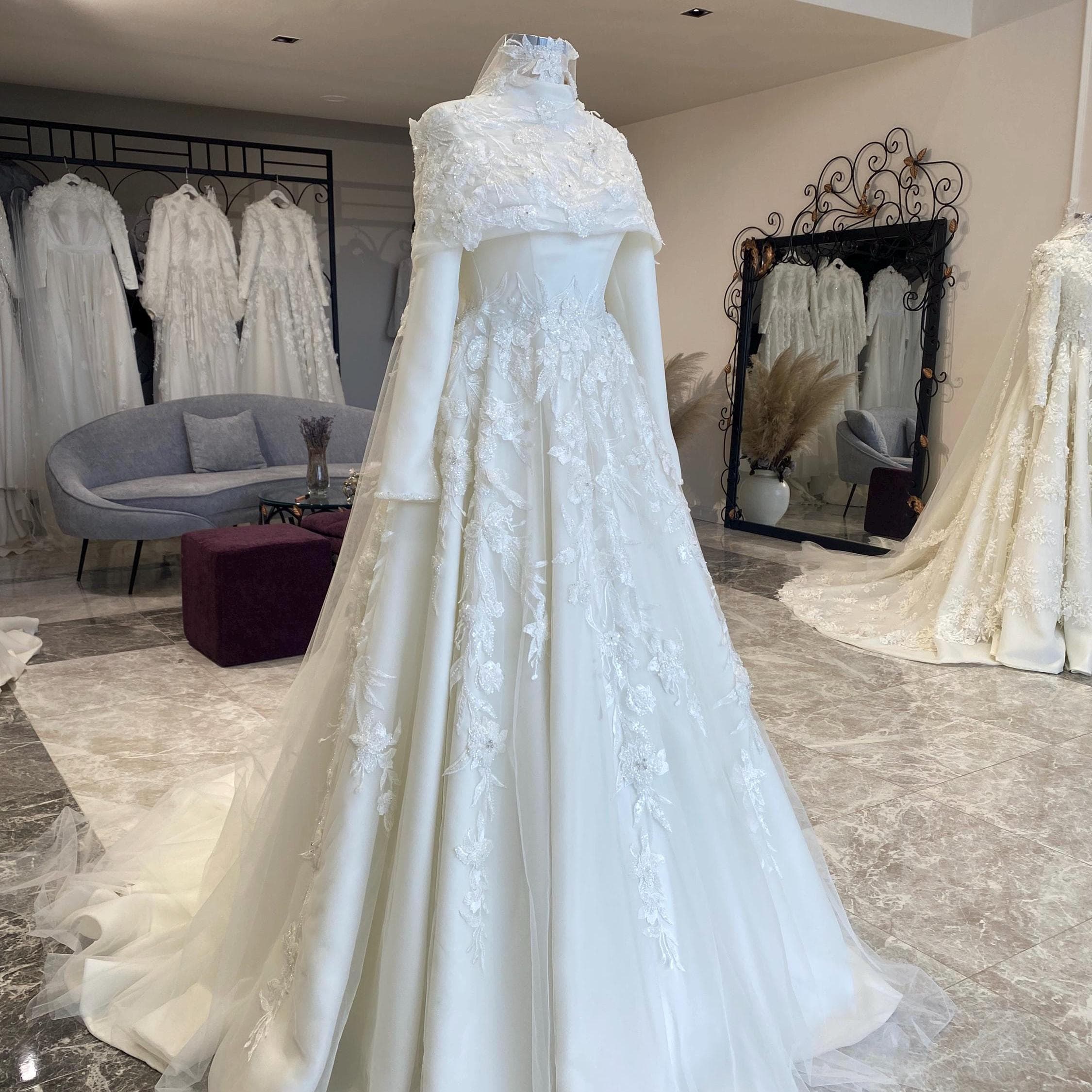 Hijab Wedding Dress Long Sleeve Modest Lace Bridal Gown Custom Made