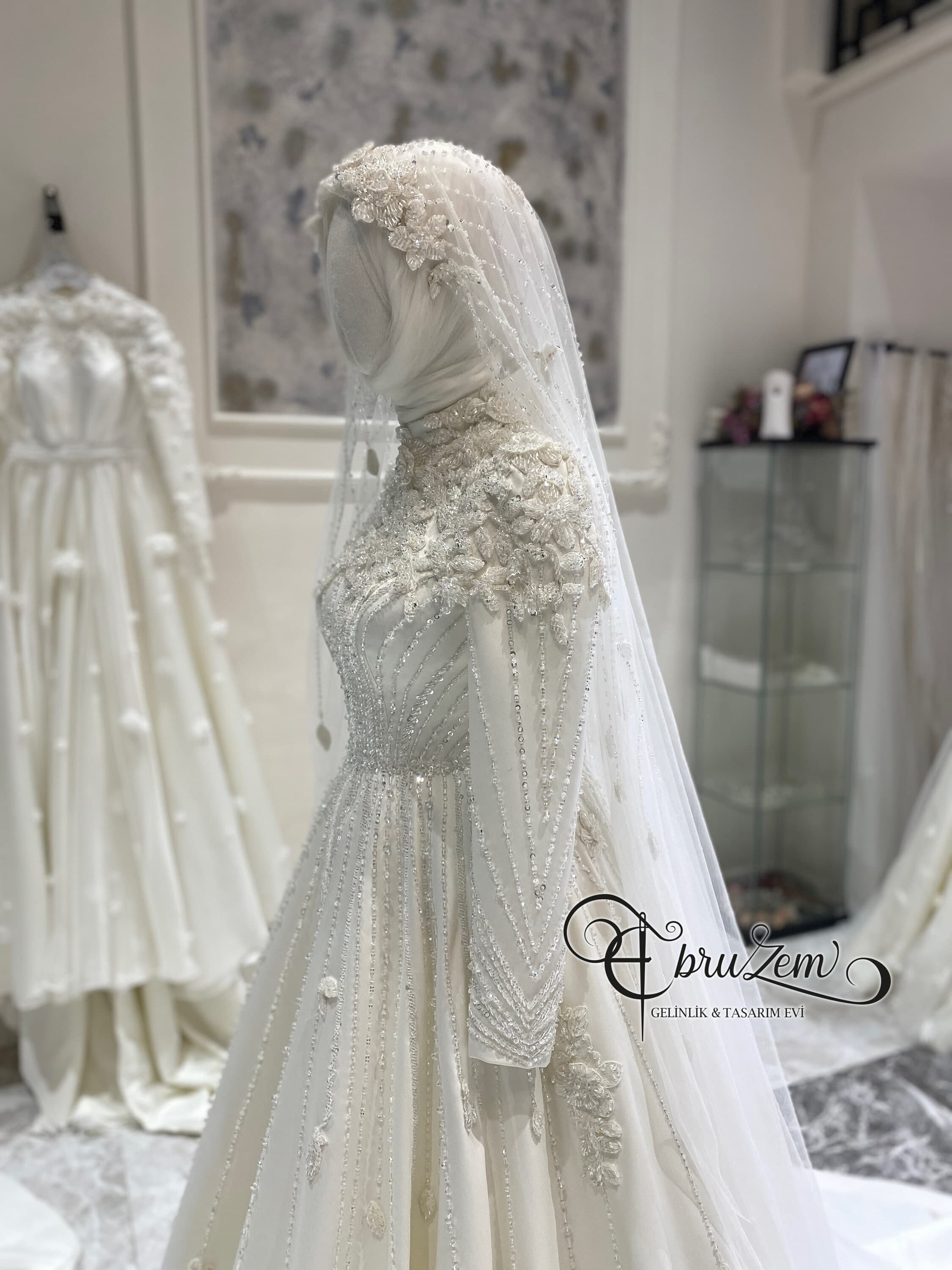 Pearl & Lace Hijab Bridal Gown – Handmade Modest Muslim Wedding Dress with Train - image 5