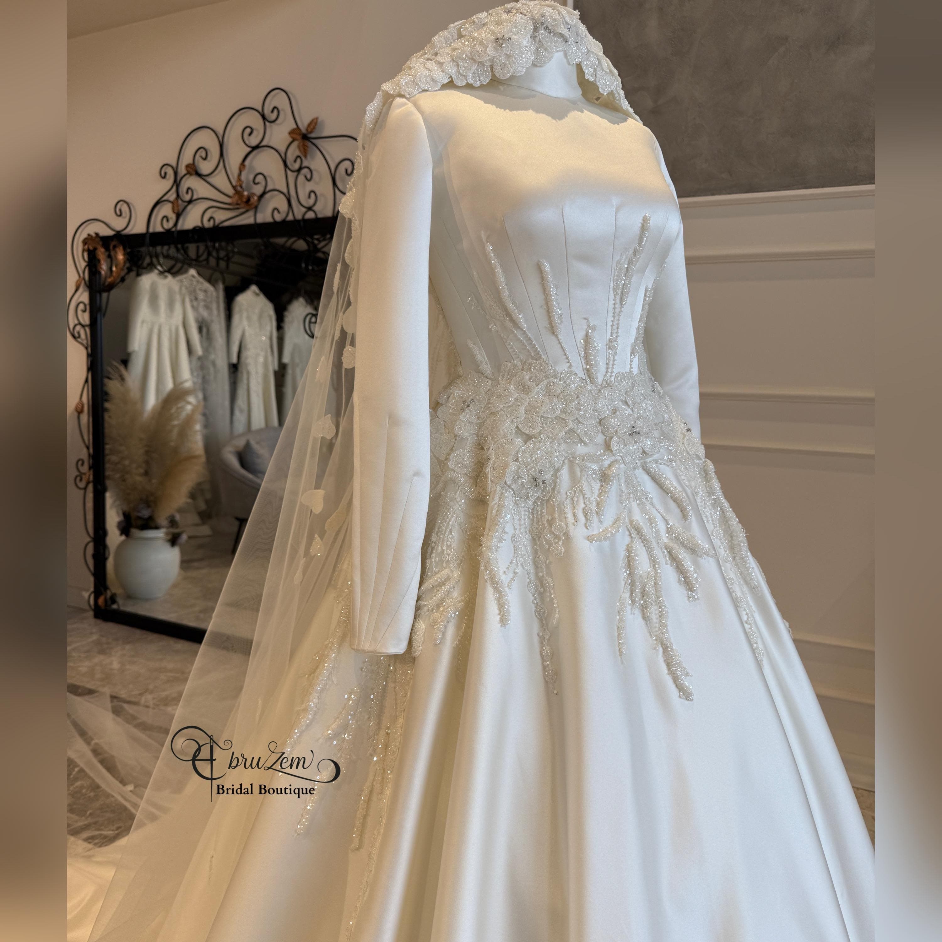 Modest Satin Hijab Wedding Gown – Hand-Beaded Lace A-Line Bridal Dress - image 4