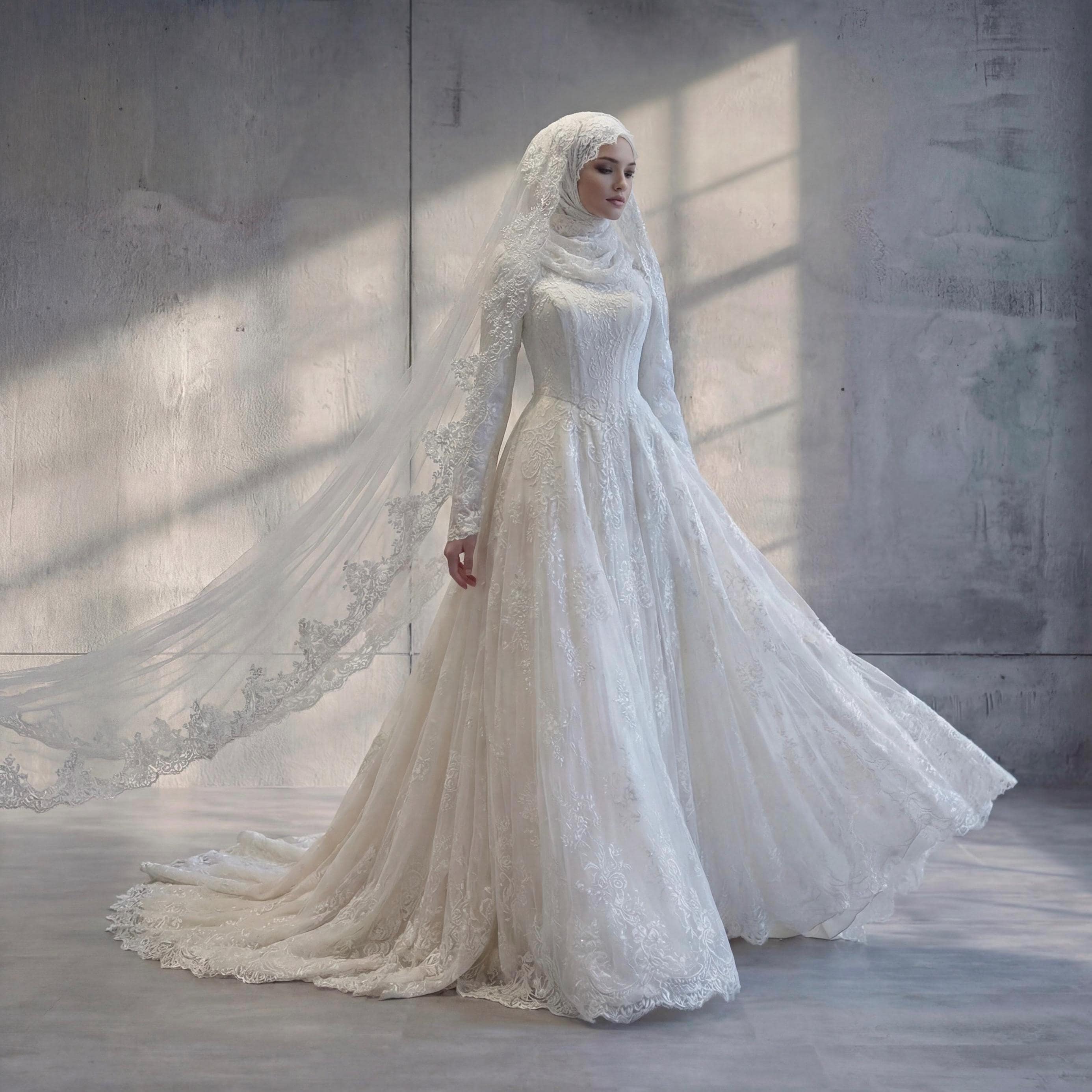 Modest Hijab Wedding Dress – Full Lace Muslim Bridal Gown with Train