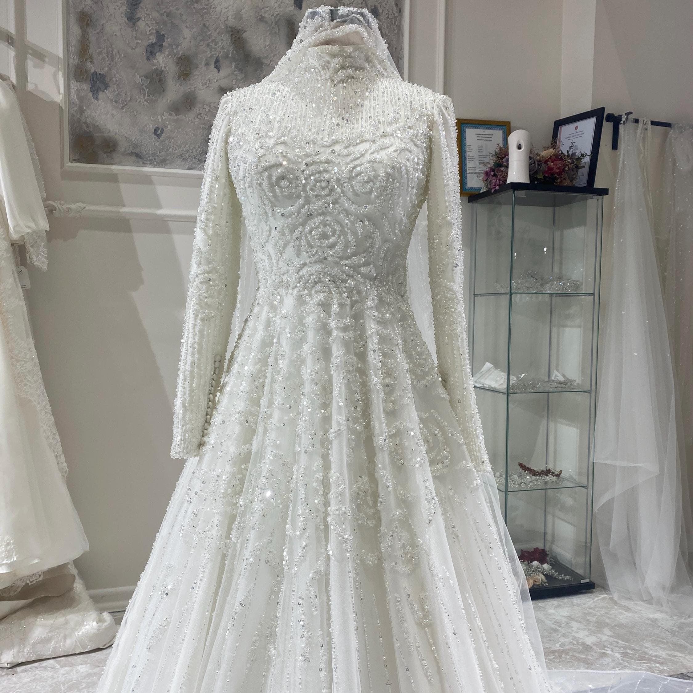 modest wedding dress  Long Sleeve A-Line Bridal Gown with Train, Modest Hijab Style