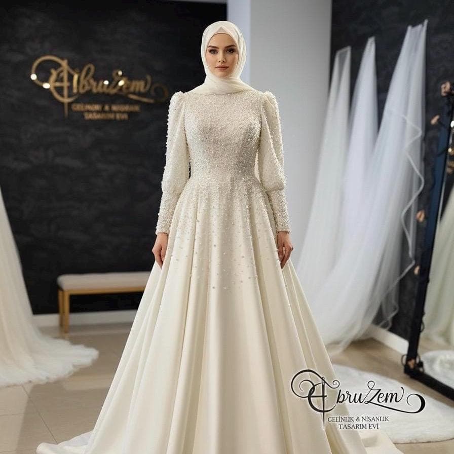 Modest Hijab Wedding Dress – Pearl Lace Long Sleeve A-Line Bridal Gown with Train - image 3