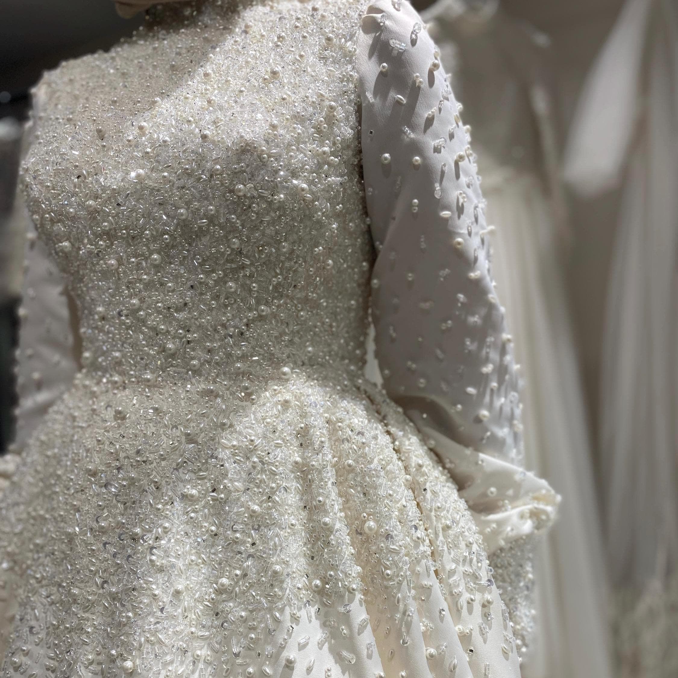 Modest Hijab Wedding Dress – Pearl Lace Long Sleeve A-Line Bridal Gown with Train - image 4