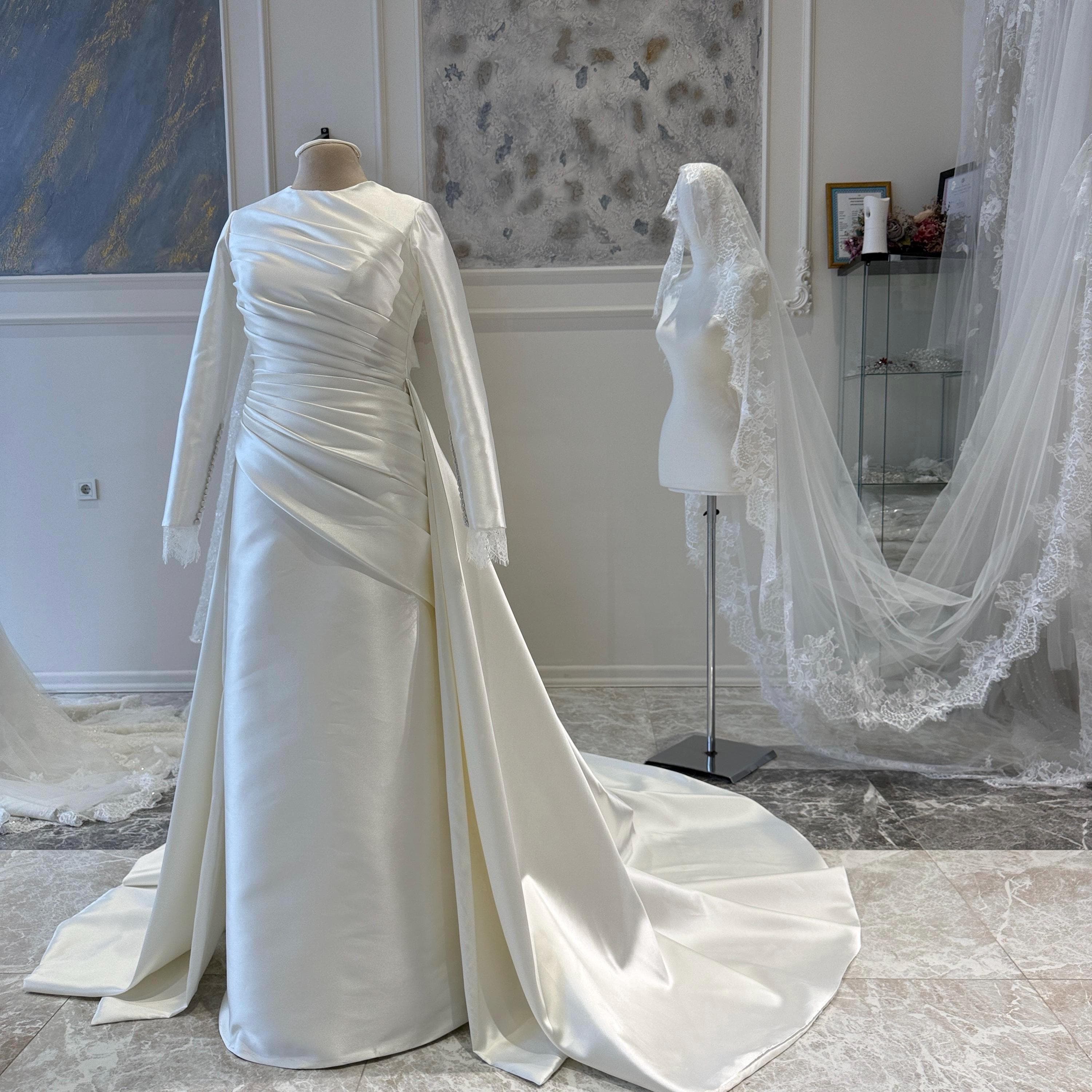 Hijab Wedding Dress, with Draped Satin – Long Sleeve Modest Bridal Gown - image 4