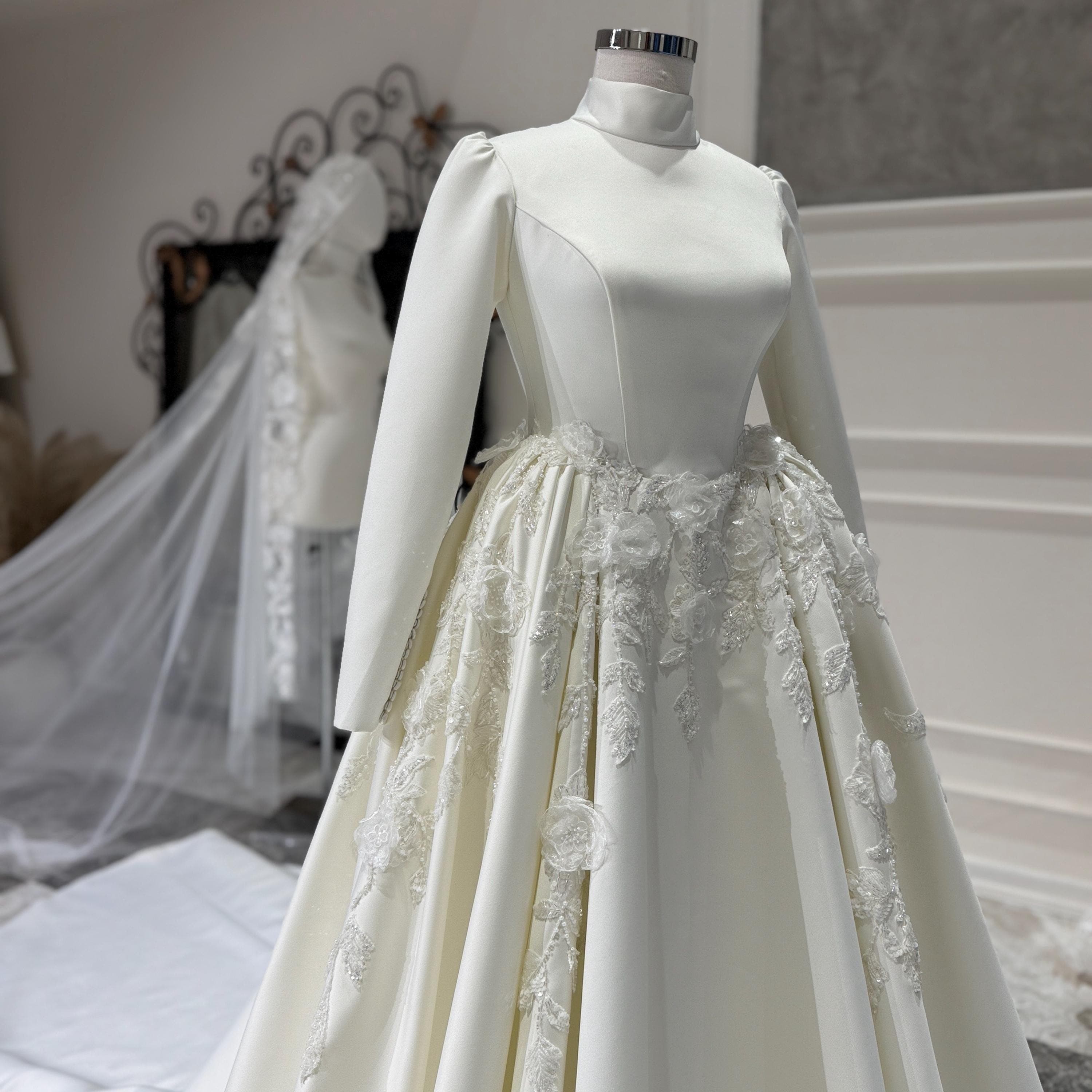 Satin Muslim Wedding Dress, Long Sleeve A-Line Bridal Gown