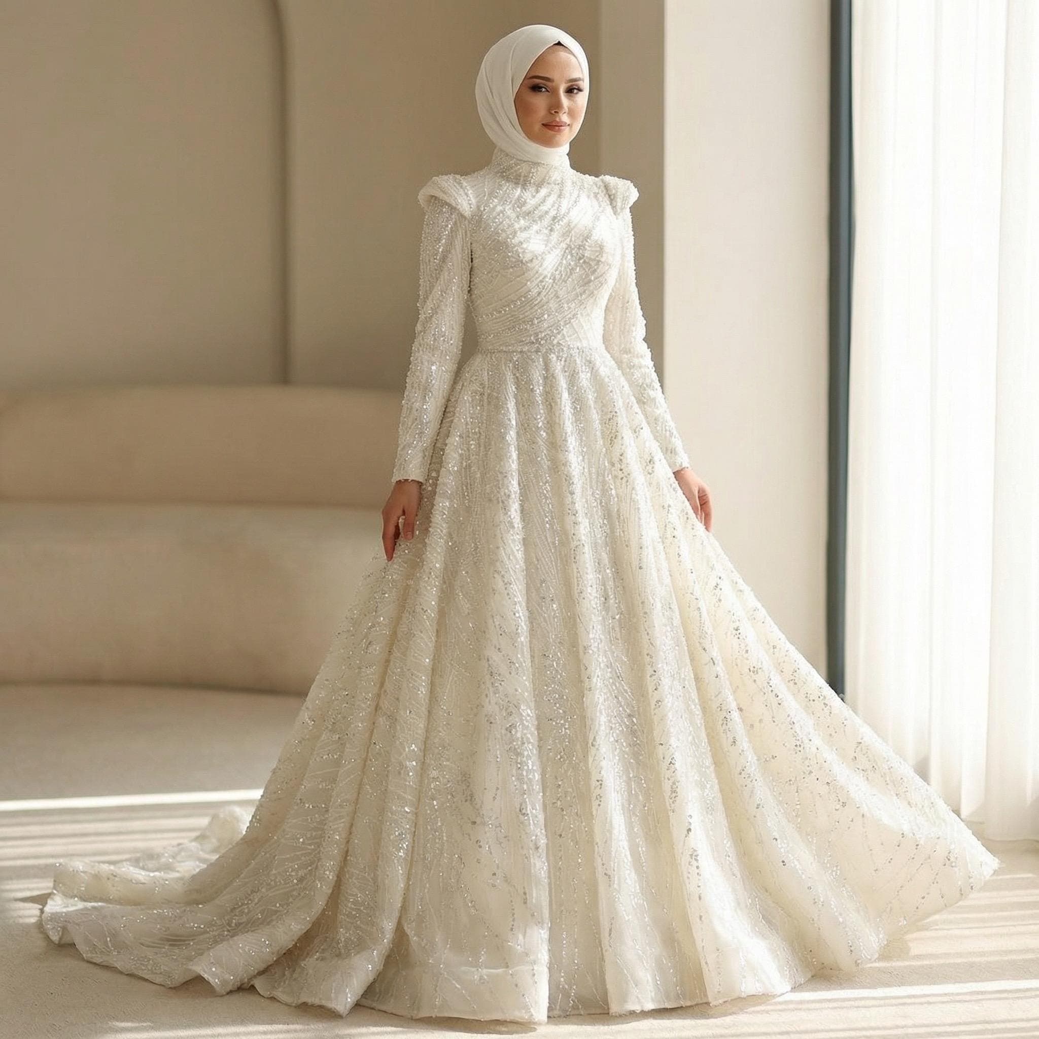 Handcrafted Beaded Hijab Wedding Dress – Long Sleeve Modest Couture Bridal Gown - image 4