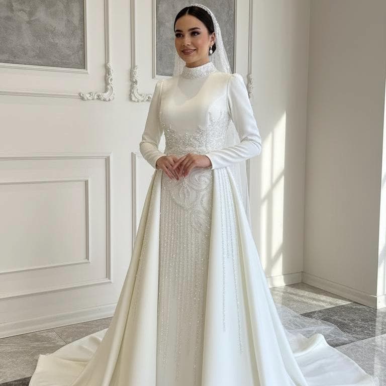 Luxury Beaded Wedding Dress – Modest Long Sleeve Hijab Bridal Gown - image 4