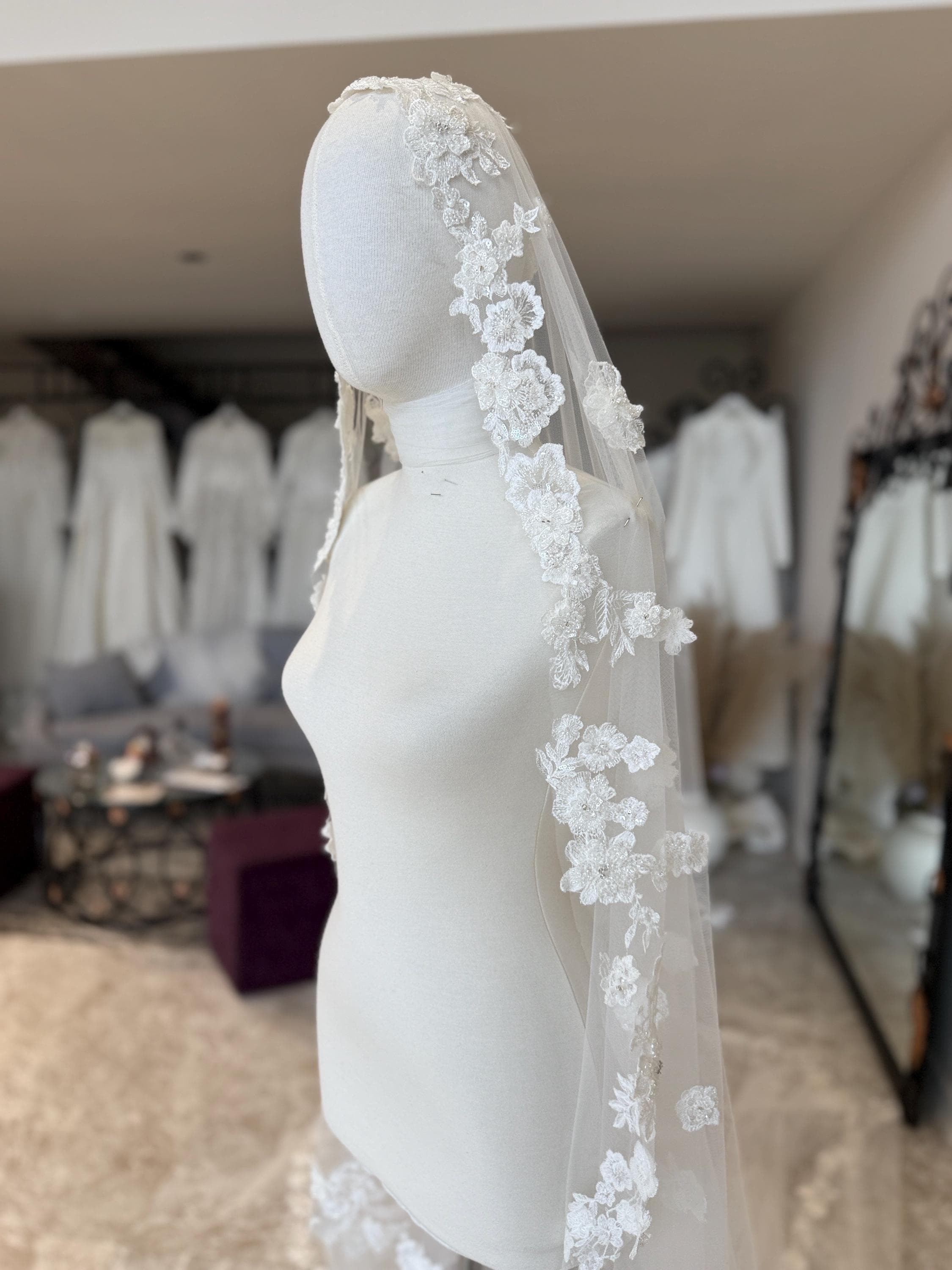 Cathedral Lace Bridal Veil, French Lace Trim, Single Layer Tulle, Handmade Elegance - image 5