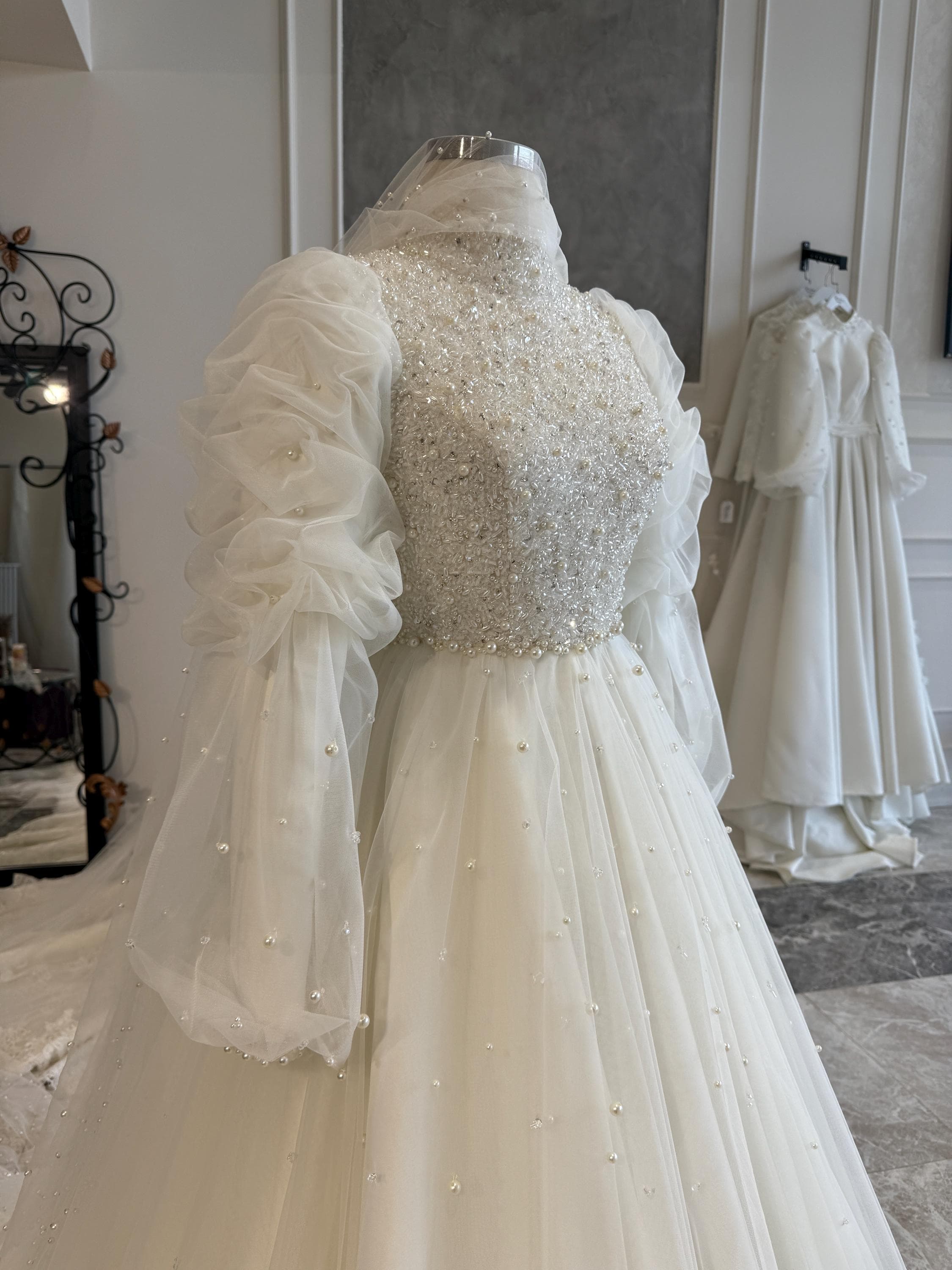 Pearl Beaded Hijab Wedding Dress: Custom Bridal