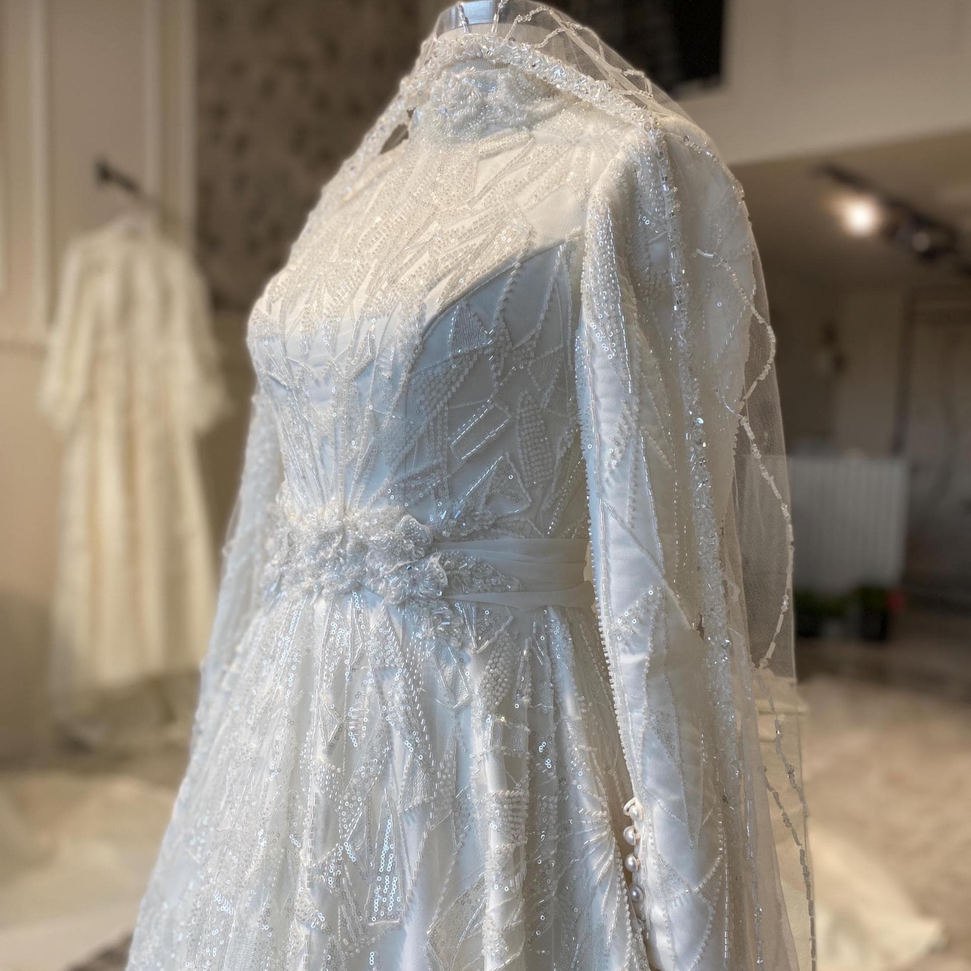 Custom Hijab Wedding Dress with Beaded Lace – Modest Long Sleeve A-Line Bridal Gown - image 3