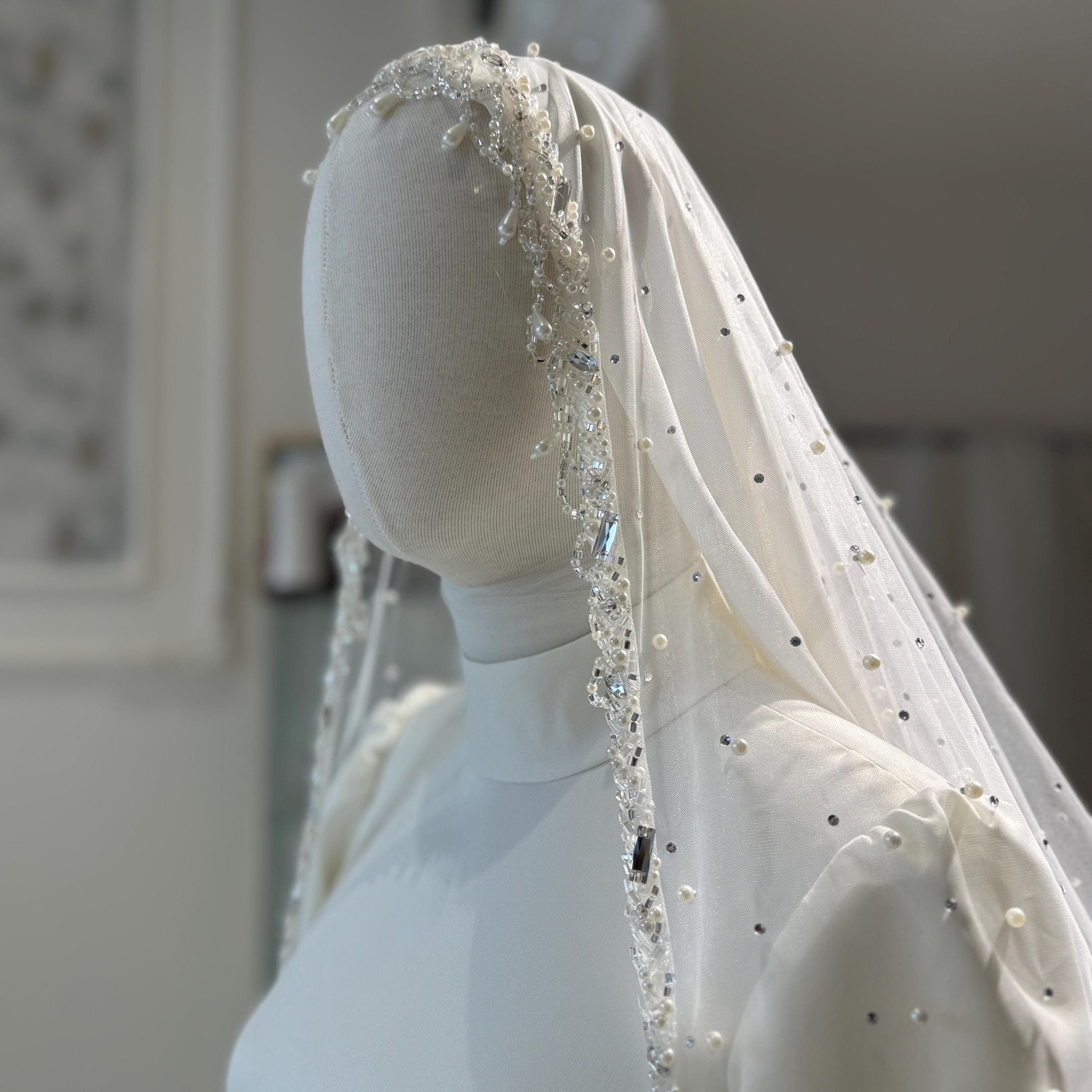 Pearl Crystal Bridal Veil – Silk Tulle Cathedral Wedding Veil, Modest Accessory