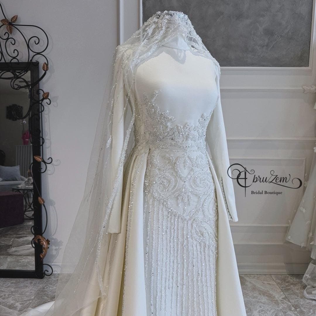 Luxury Beaded Wedding Dress – Modest Long Sleeve Hijab Bridal Gown