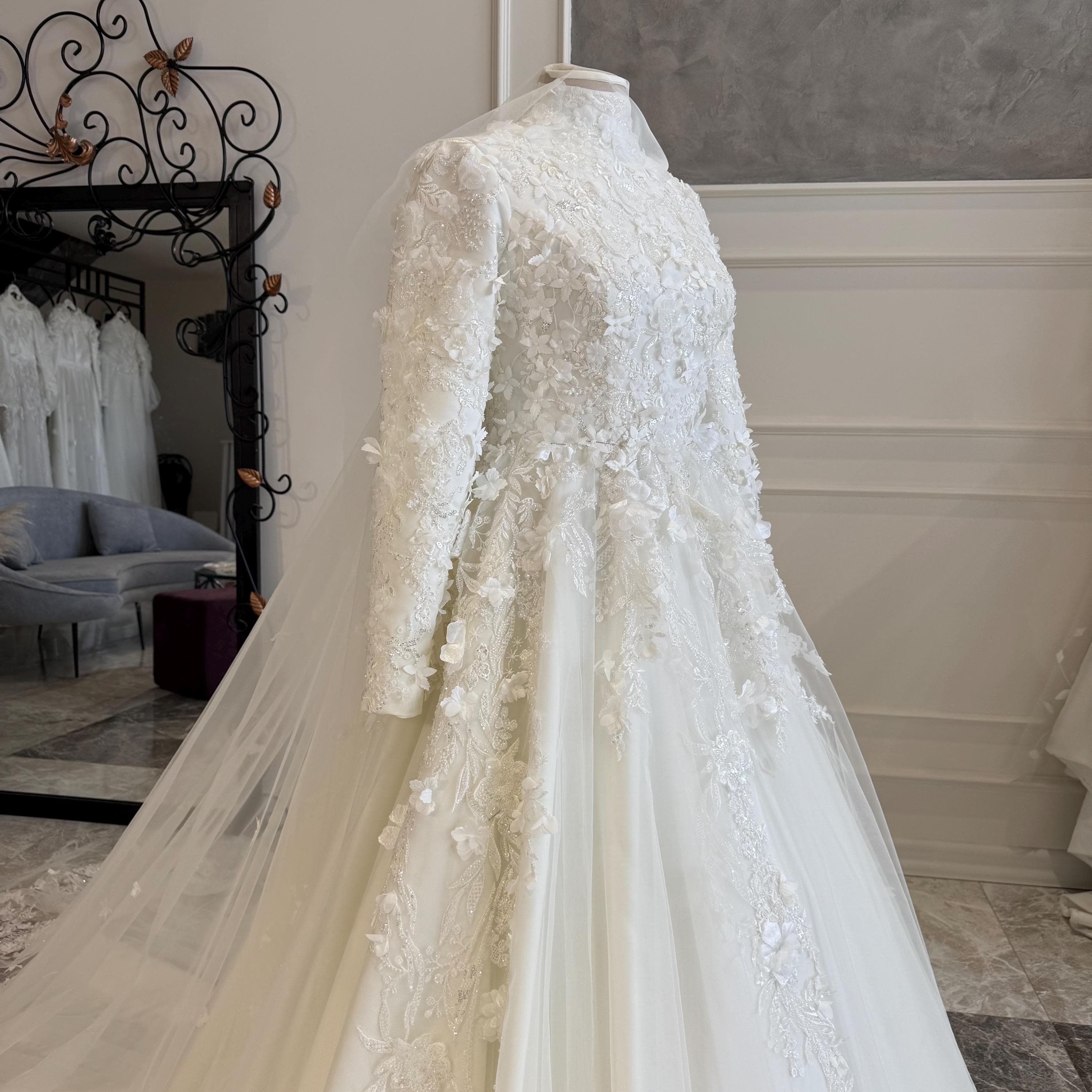 Hijab Wedding Dress with Long Train Modest Bridal Gown  Elegant Muslim 3D lace - image 5