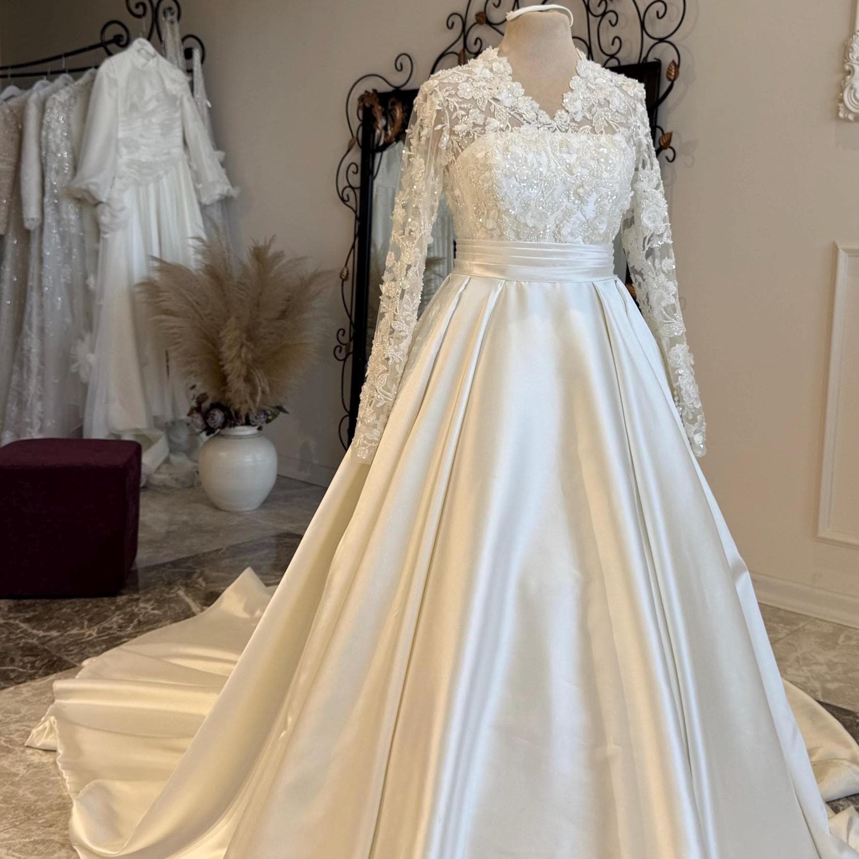 Islamic Wedding Dress in Silk with Embroidered Lace – Modest Hijab Bridal Gown