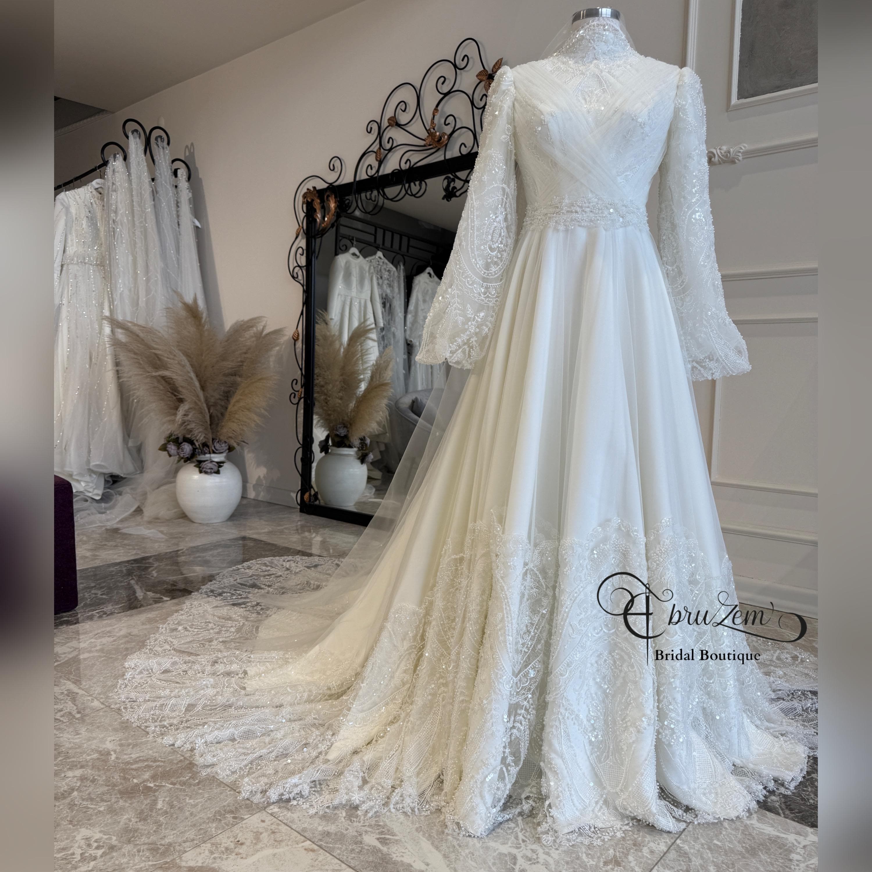 Hijab Wedding Dress Long Sleeve Pearl Lace Modest Bridal Gown - image 3