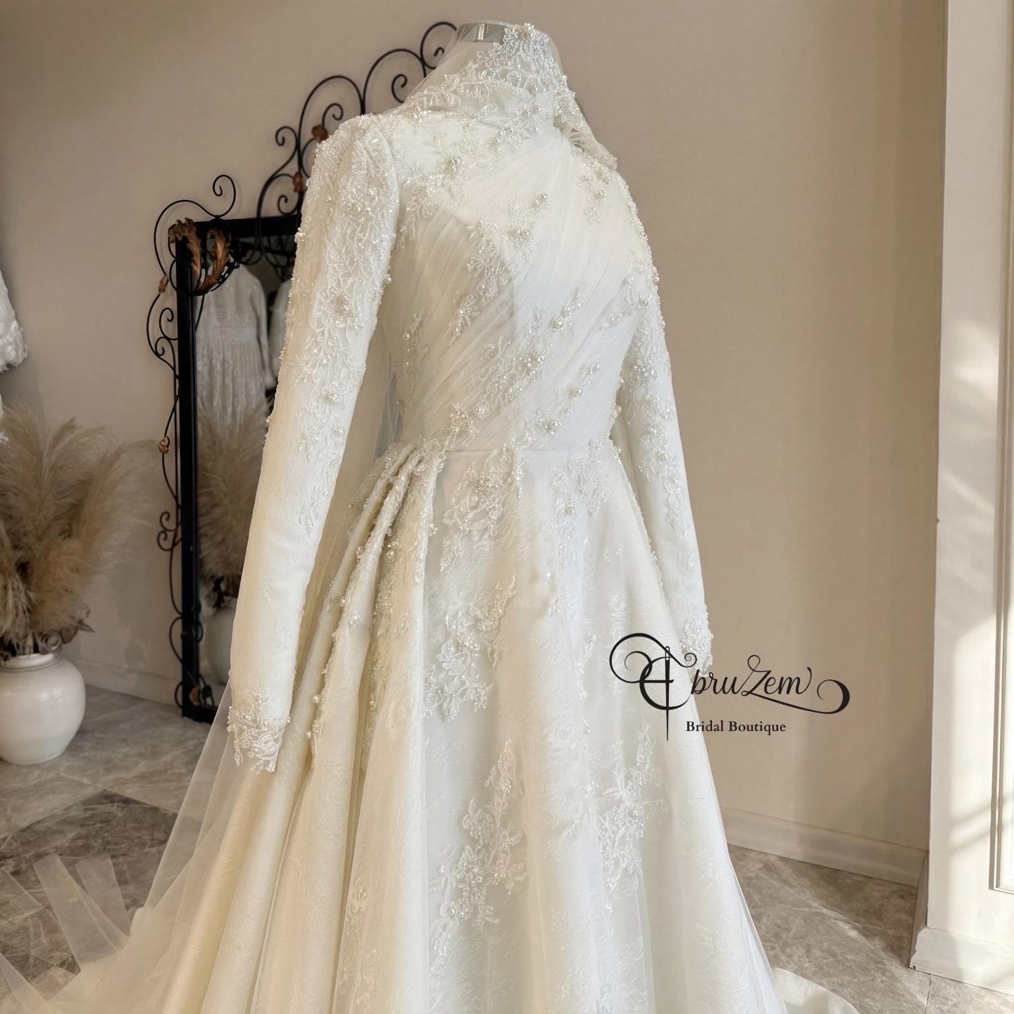 Lace Modest Wedding Dress – Long Sleeve A-Line Bridal Gown with Train | Elegant Muslim Bridal - image 3