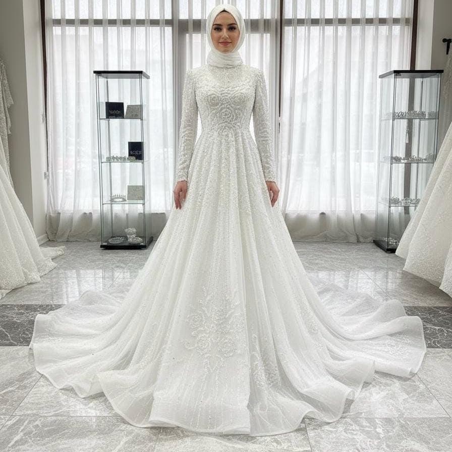 modest wedding dress  Long Sleeve A-Line Bridal Gown with Train, Modest Hijab Style - image 3