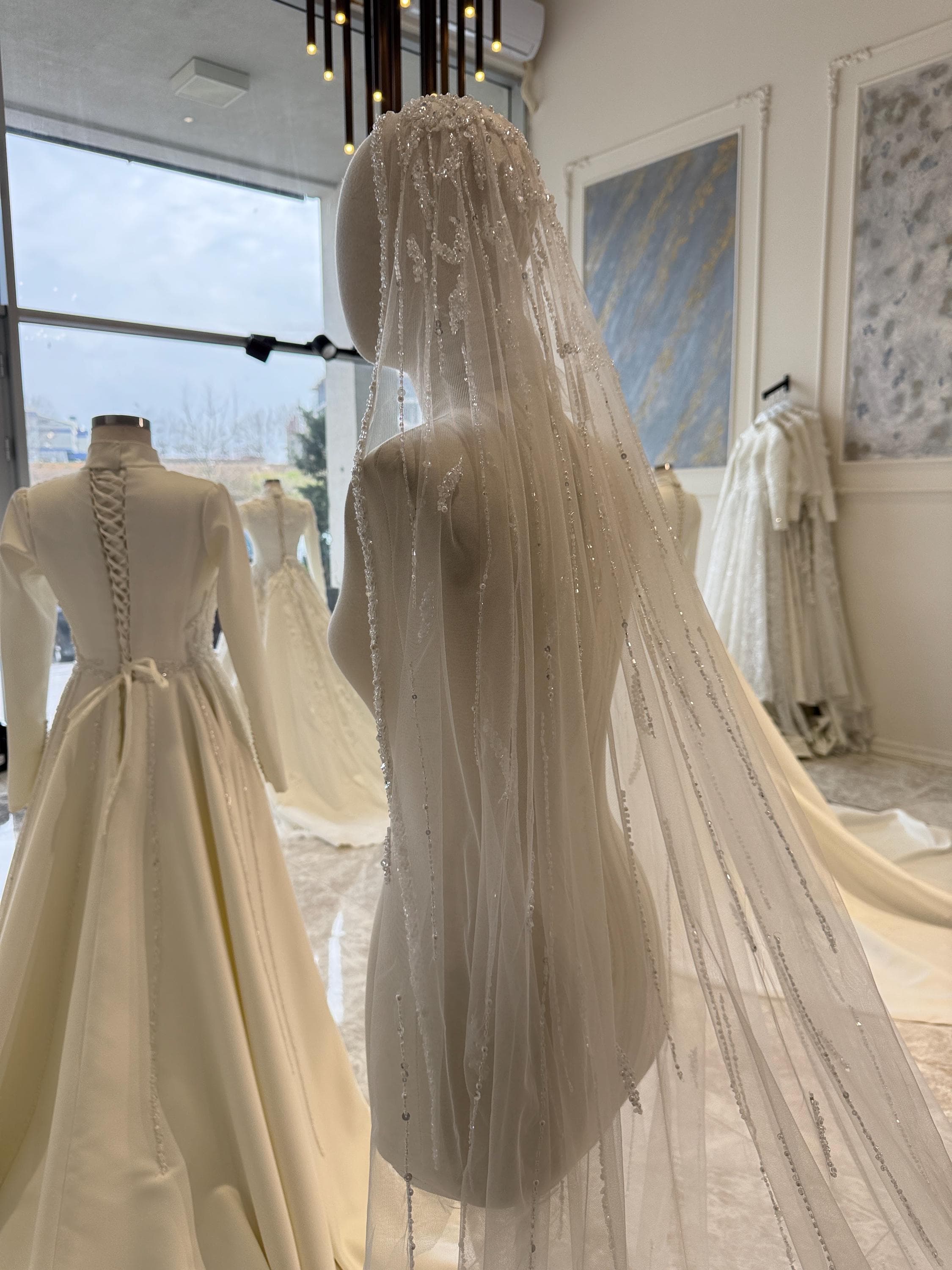 Handmade Embroidered Lace Bridal Veil – Long Tulle Wedding Veil - image 4