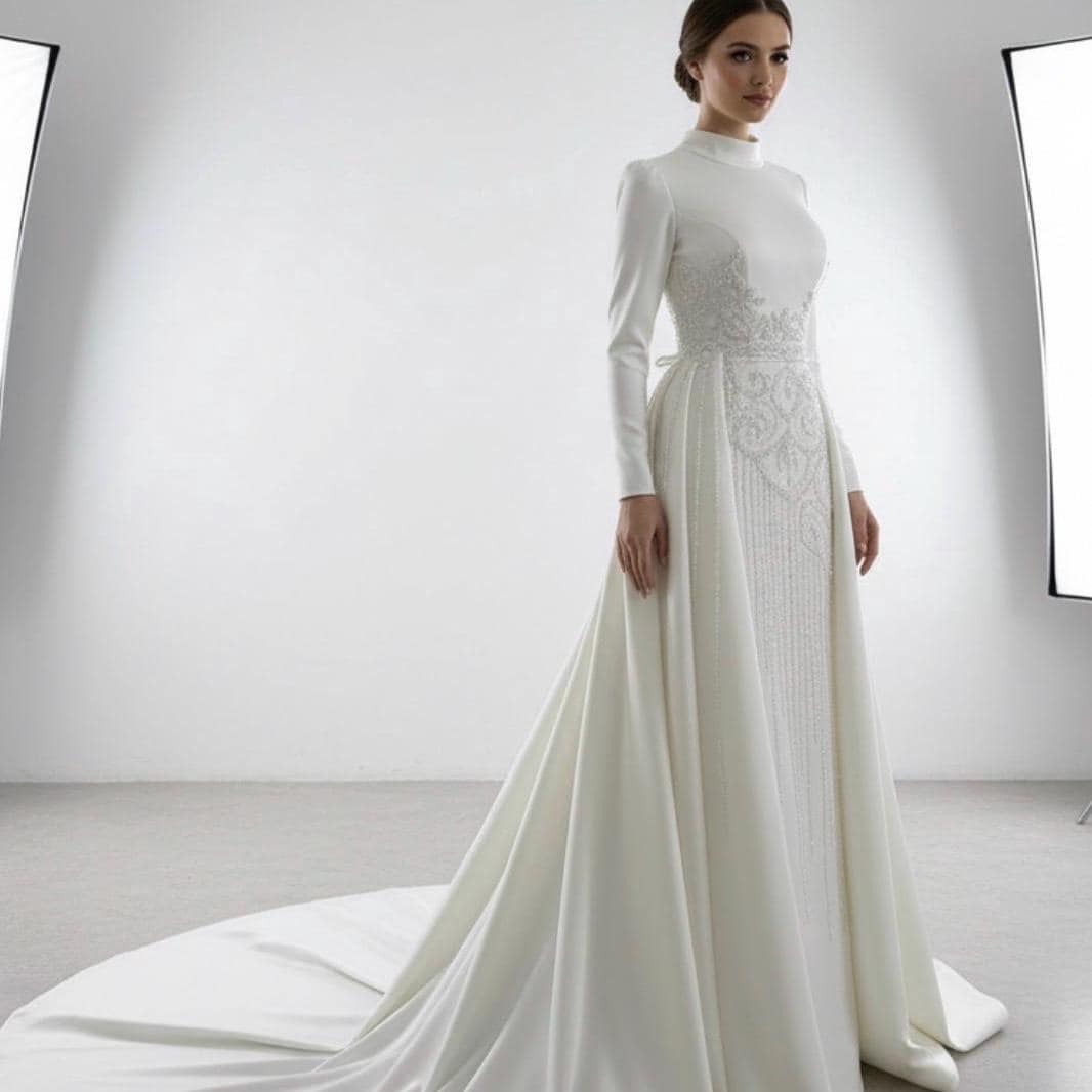 Luxury Beaded Wedding Dress – Modest Long Sleeve Hijab Bridal Gown - image 3