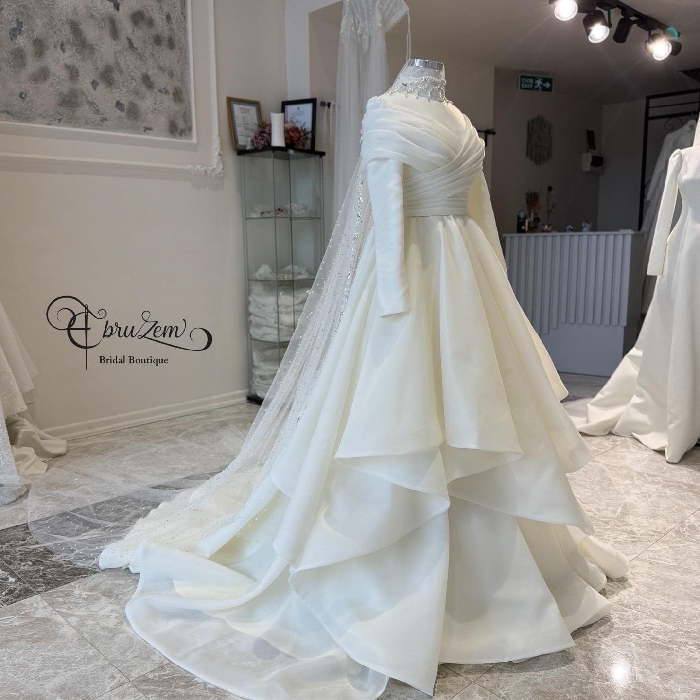 Custom Made Modest Wedding Dress – Draped Bodice, Layered Skirt, Long Sleeve Hijab Gown - image 4