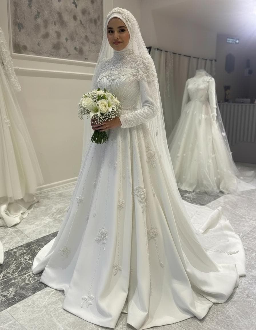 Pearl & Lace Hijab Bridal Gown – Handmade Modest Muslim Wedding Dress with Train - image 4