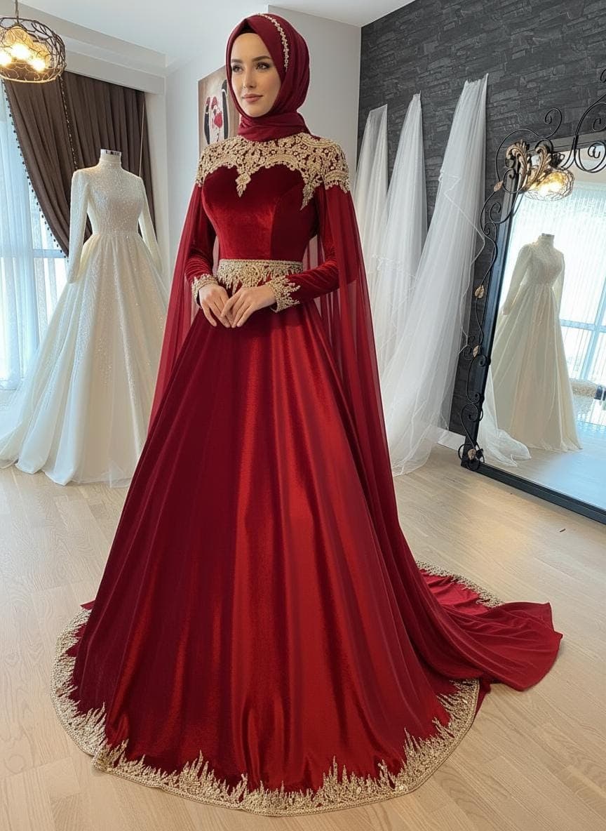 Crimson Velvet Ottoman Henna Dress – Gold Embroidered Modest Gown, Kina Night Outfit - image 5