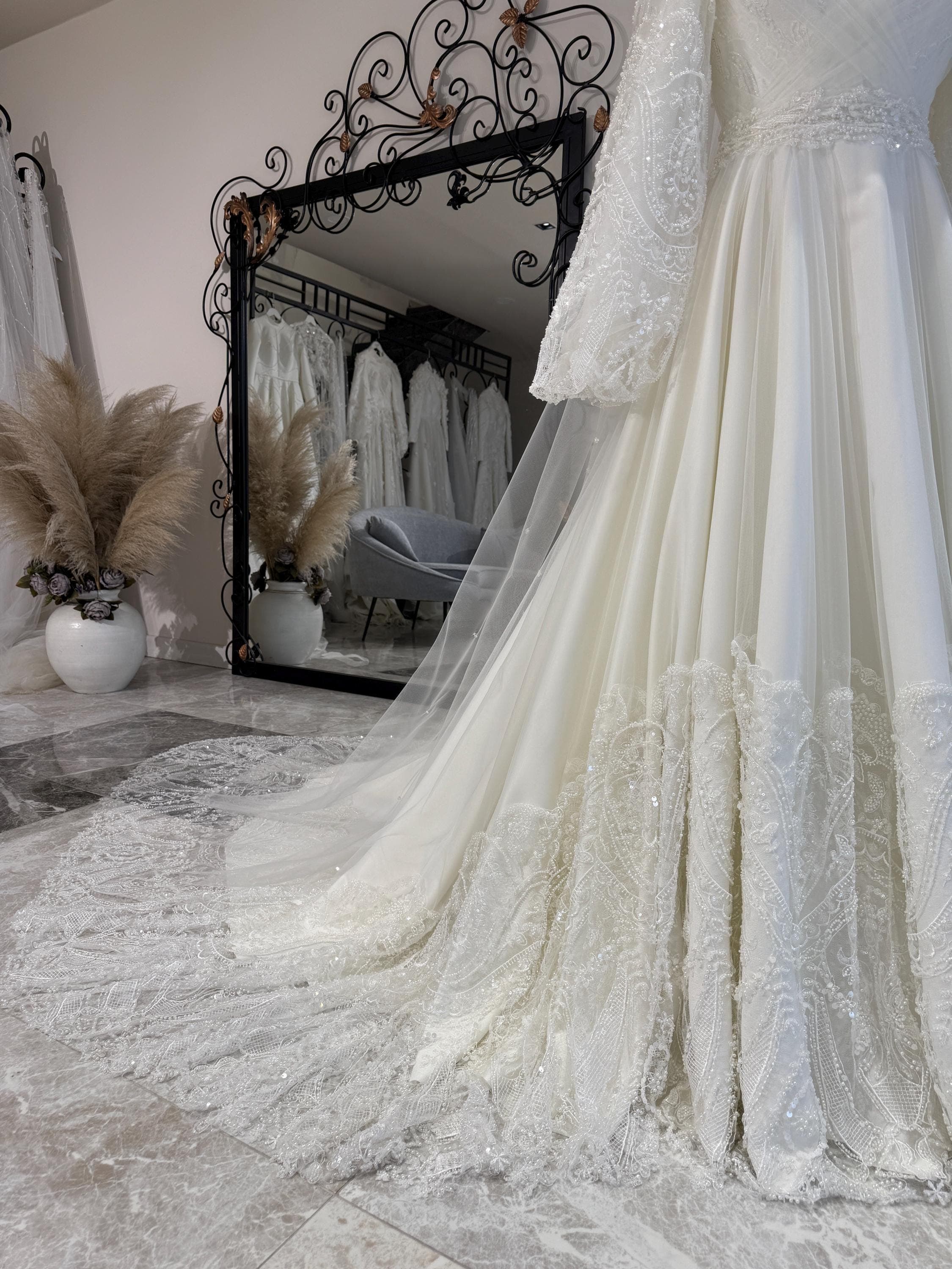 Hijab Wedding Dress Long Sleeve Pearl Lace Modest Bridal Gown - image 4
